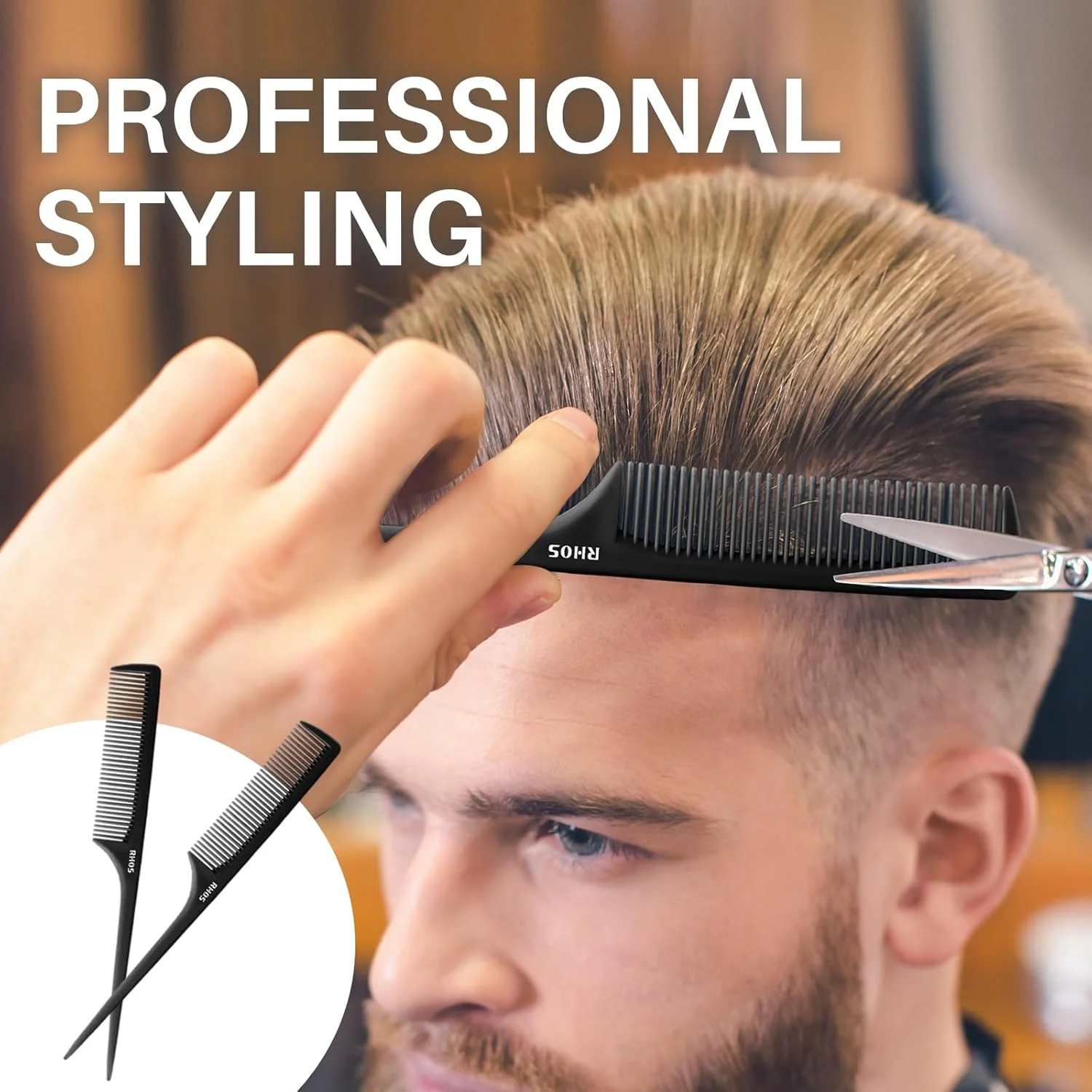 شانه دم موشی RHOS برای فرق باز کردن، شانه پوش دهنده دندانه ریز به همراه شانه نوک تیز برای بافت مو، شانه مو برای پوش دادن - ست 2 عددی شانه حالت دهنده مو برای زنان و مردان (مشکی)