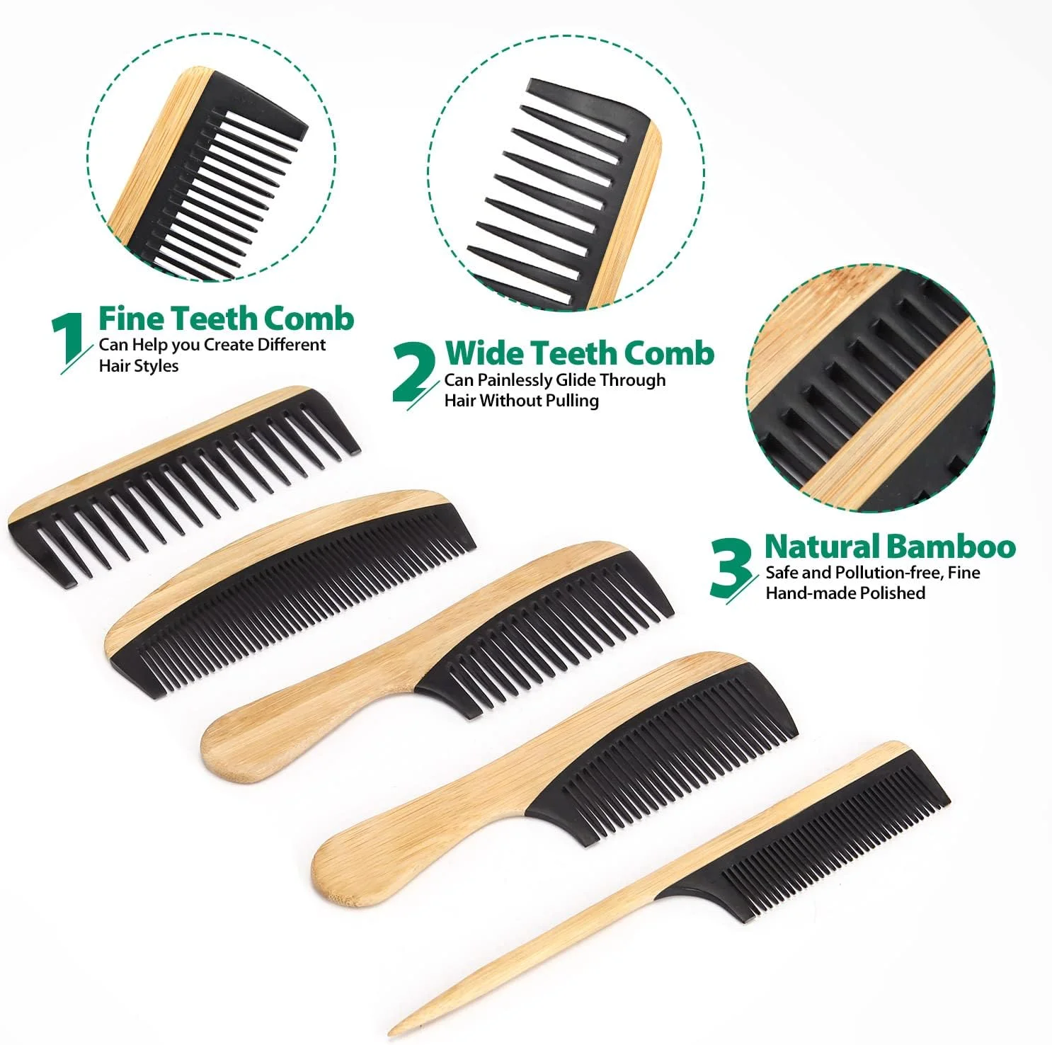 ست شانه بامبو دست ساز سوکس ماکس 5 عددی ضد الکتریسیته ساکن برای زنان و مردان - شانه دندانه پهن، دم موشی و شانه دندانه ریز برای باز کردن گره موهای بلند، کوتاه، ضخیم، نازک، موج دار و مجعد (طبیعی + مشکی)