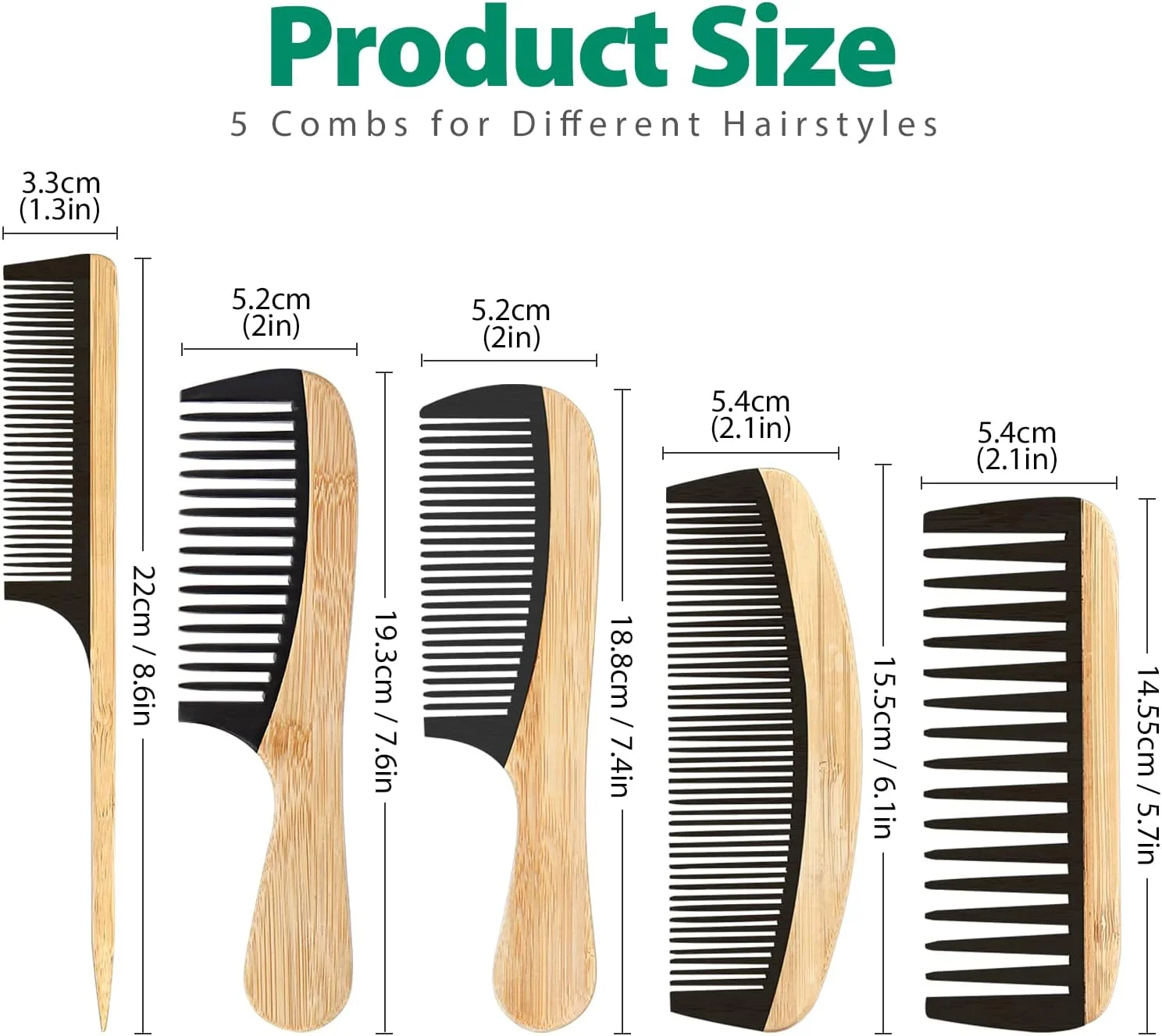 ست شانه بامبو دست ساز سوکس ماکس 5 عددی ضد الکتریسیته ساکن برای زنان و مردان - شانه دندانه پهن، دم موشی و شانه دندانه ریز برای باز کردن گره موهای بلند، کوتاه، ضخیم، نازک، موج دار و مجعد (طبیعی + مشکی)