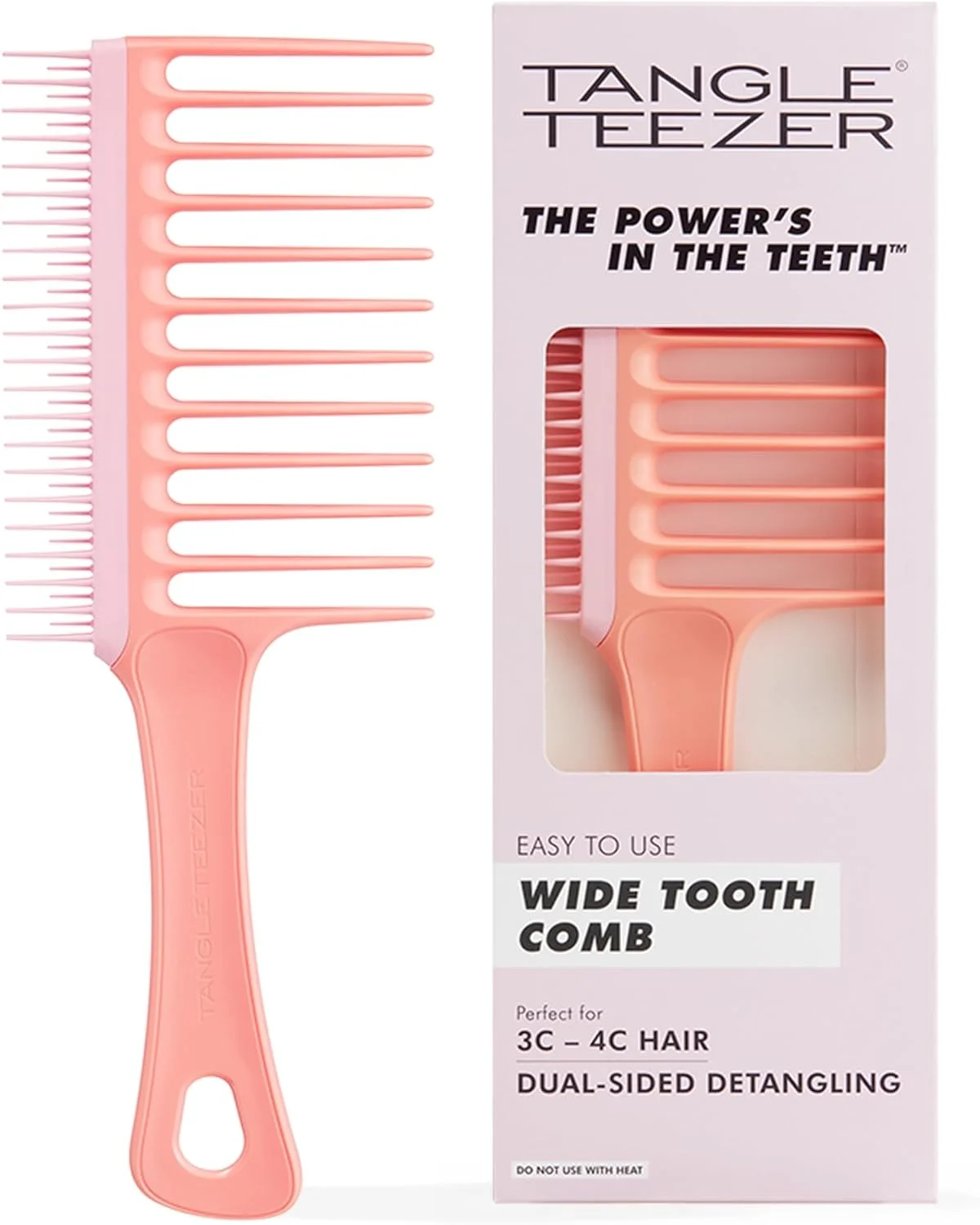 شانه دندانه پهن Tangle Teezer برای موهای فر، شانه دو طرفه باز کننده گره برای انواع مو، باز کردن گره موهای خیس و خشک، هلویی