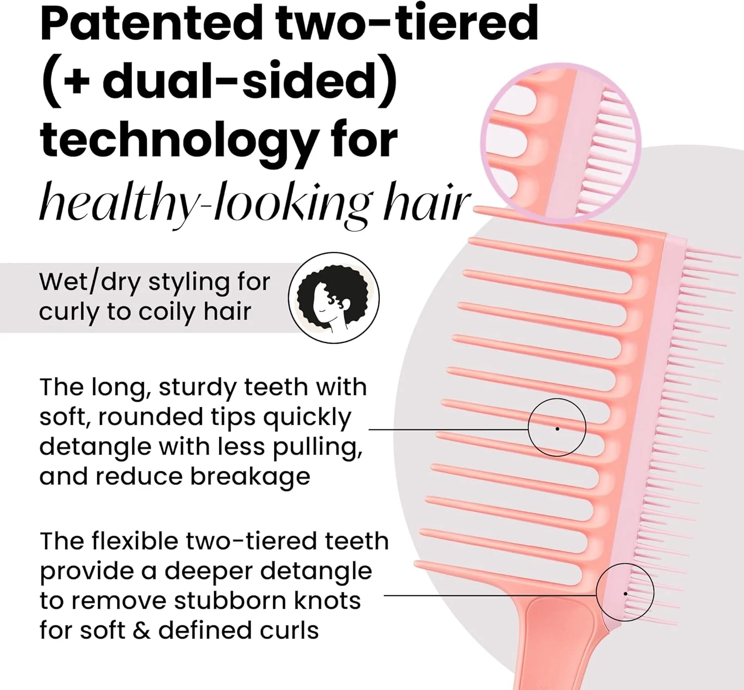 شانه دندانه پهن Tangle Teezer برای موهای فر، شانه دو طرفه باز کننده گره برای انواع مو، باز کردن گره موهای خیس و خشک، هلویی