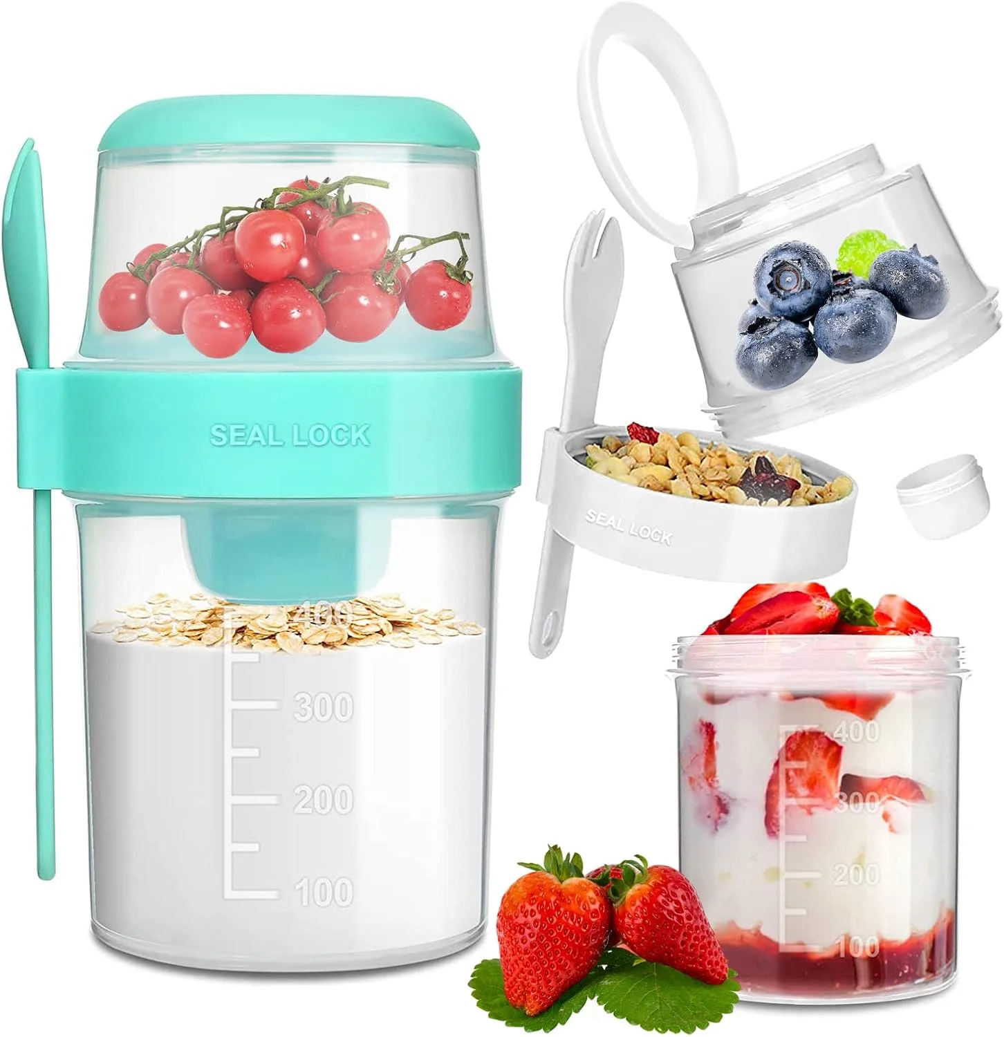 ظرف جو دوسر یک شبه Angju، بسته 2 عددی، 768 میلی لیتر، 2 طبقه با درب و قاشق، ظرف ماست و جو دوسر قابل حمل، شیشه های جو دوسر با درب، فنجان غلات و شیر قابل حمل