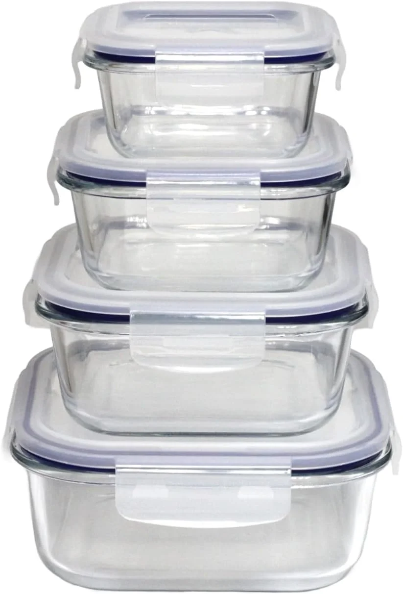 ظرف شیشه ای همه کاره Auroware، 4 تکه، با درب های محکم، ظروف نگهداری مواد غذایی، بدون BPA و ضد نشت، قابل استفاده در ماشین ظرفشویی، مایکروویو، فر و فریزر (4، مربع)