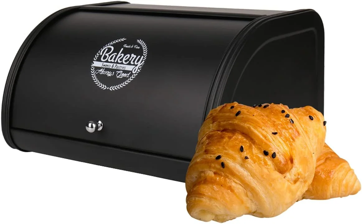 Angju Large Bread Box Kitchen Storage Containers with Roll Top Lid for Kitchen Counter Dry Food Storage Container Metal Bagel Container for Birthday Housewarming Wedding Engagement Gifts Black