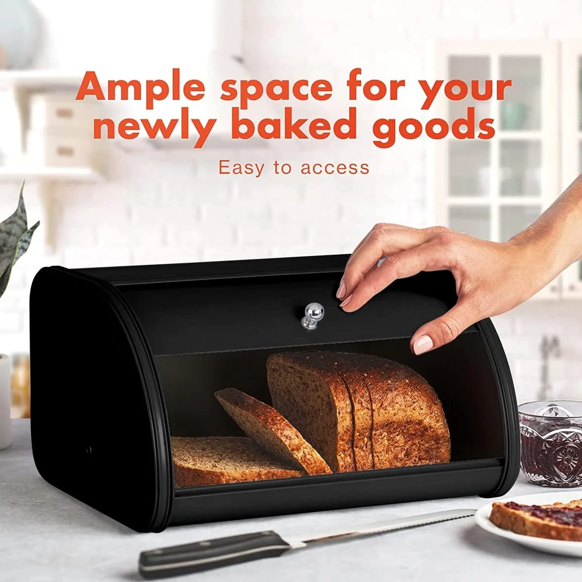 Angju Large Bread Box Kitchen Storage Containers with Roll Top Lid for Kitchen Counter Dry Food Storage Container Metal Bagel Container for Birthday Housewarming Wedding Engagement Gifts Black