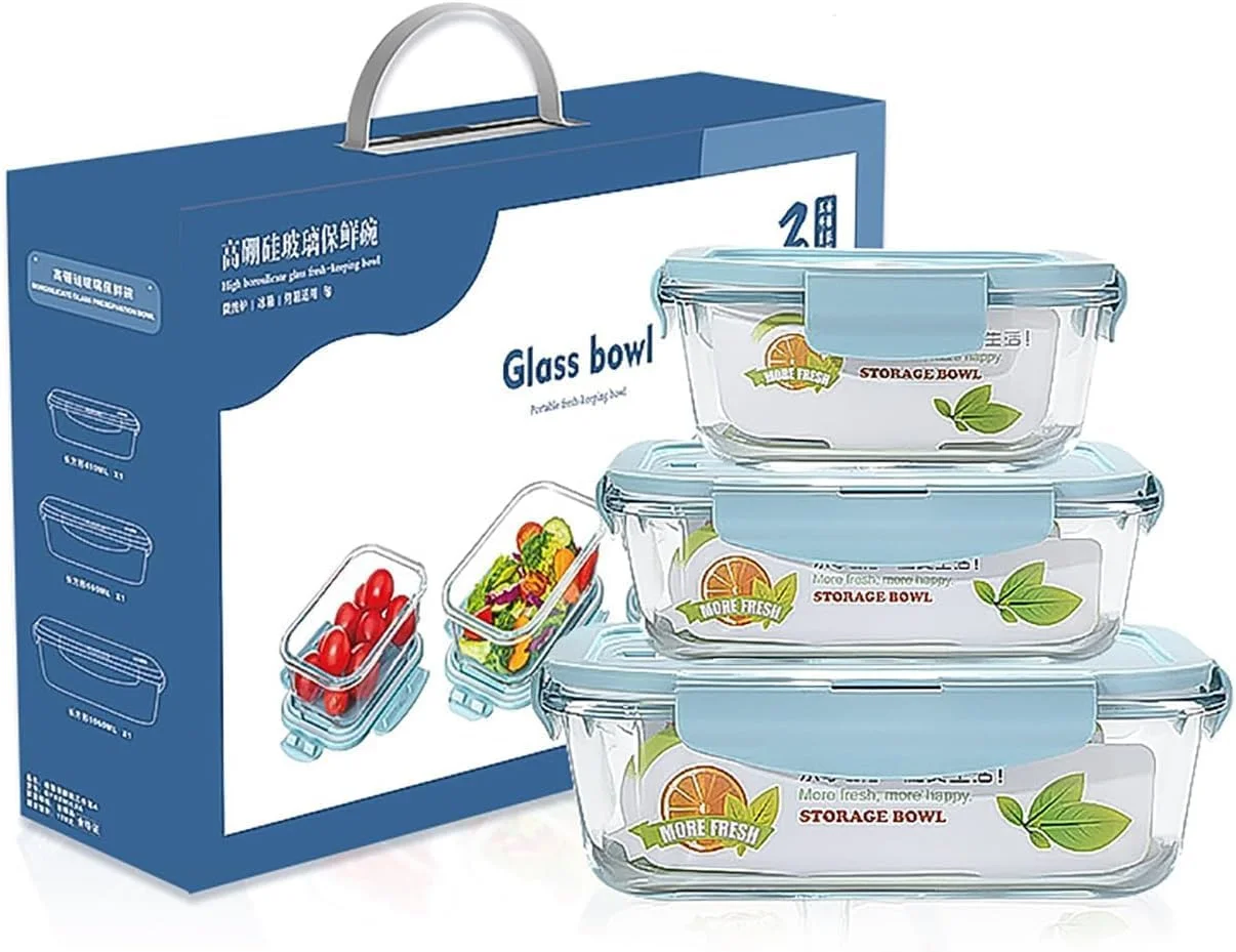 AOHRYME ظروف شیشه ای نگهداری مواد غذایی با درب، مناسب برای آماده سازی غذا، ظروف ناهار درب دار، جعبه های بنتو با درب های قفل دار ضد نشت، مناسب برای مایکروویو، فر، فریزر، ماشین ظرفشویی، شفاف آبی [بسته 3 عددی]