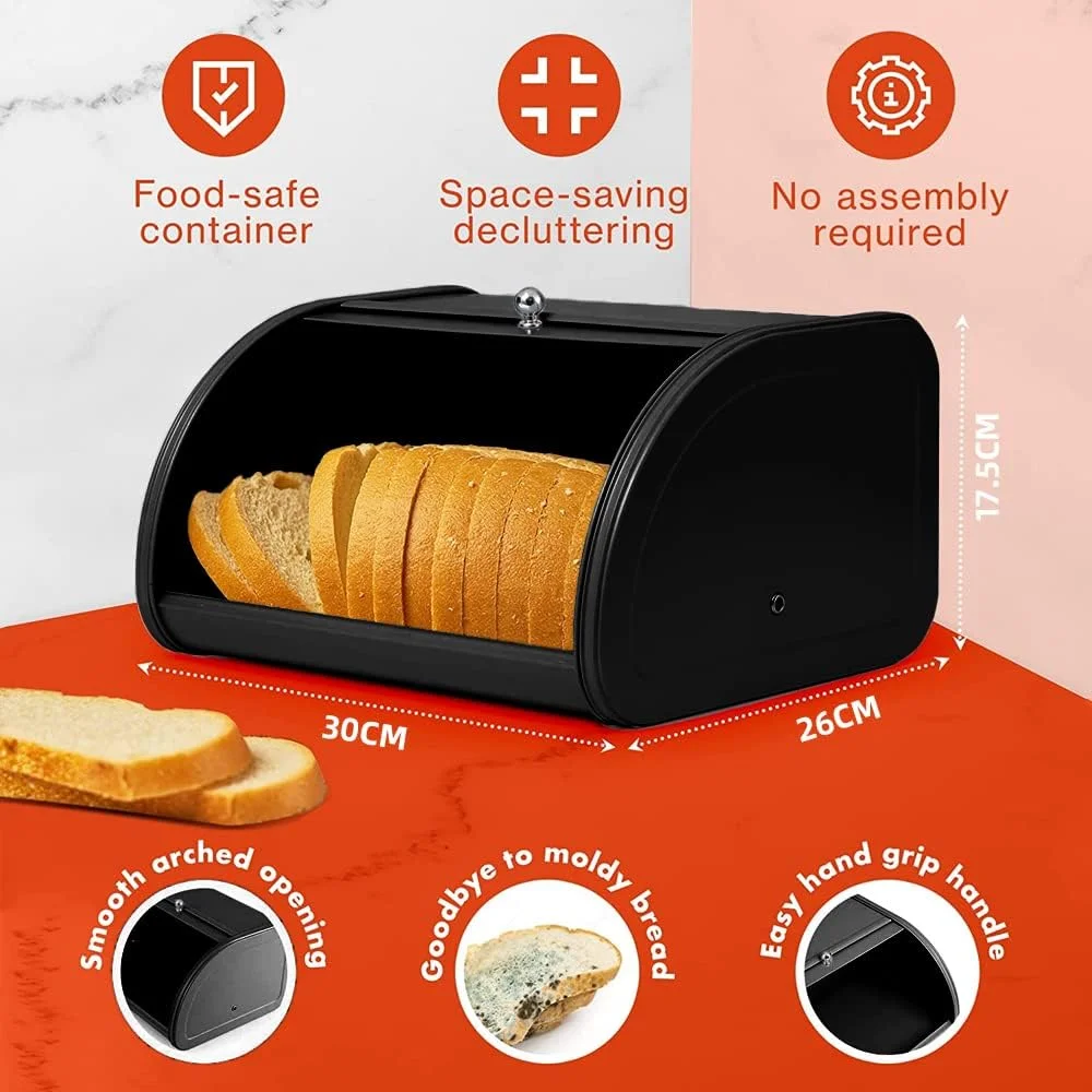 Angju Large Bread Box Kitchen Storage Containers with Roll Top Lid for Kitchen Counter Dry Food Storage Container Metal Bagel Container for Birthday Housewarming Wedding Engagement Gifts Black
