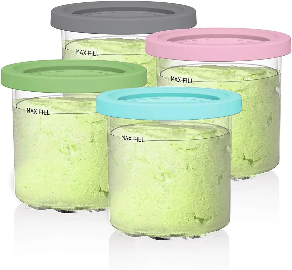 ظروف جایگزین AUMUA برای Ninja CREAMi سری NC300UK NC300 NC301 NC299AMZ، بسته 4 عددی ظروف پینت بستنی ساز با درب های رنگی، فاقد BPA و قابل شستشو در ماشین ظرفشویی (سری اصلی، آبی/صورتی/لیموئی/خاکستری)