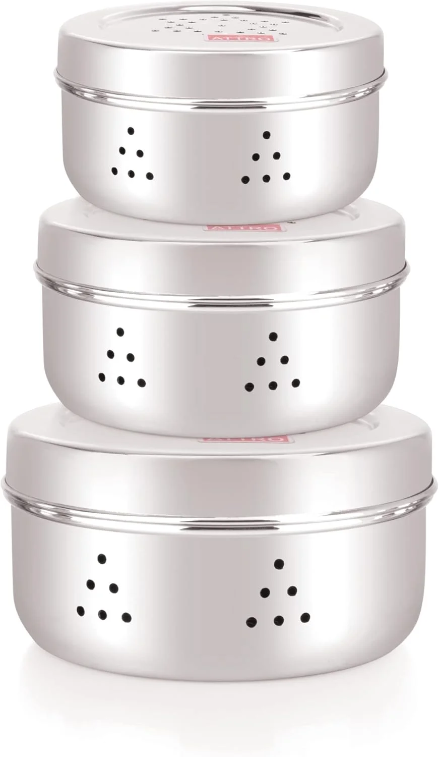 ظروف درب سوراخ دار استیل آترو با تهویه هوا، ظروف نگهداری مواد غذایی، مناسب برای پوری، دانه ها، جوانه ساز، میوه های خشک، شکلات، ست 3 عددی - نقره ای