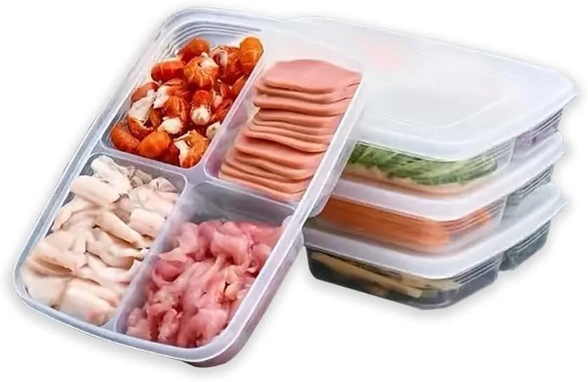 ظروف آماده سازی غذا AMERTEER، بسته 4 عددی، ظروف پلاستیکی 4 قسمتی برای نگهداری غذا، ظروف ناهار قابل استفاده مجدد، سازمان دهنده یخچال برای گوشت، سبزیجات و میوه ها (دما از 4 درجه سانتیگراد تا 121 درجه سانتیگراد)