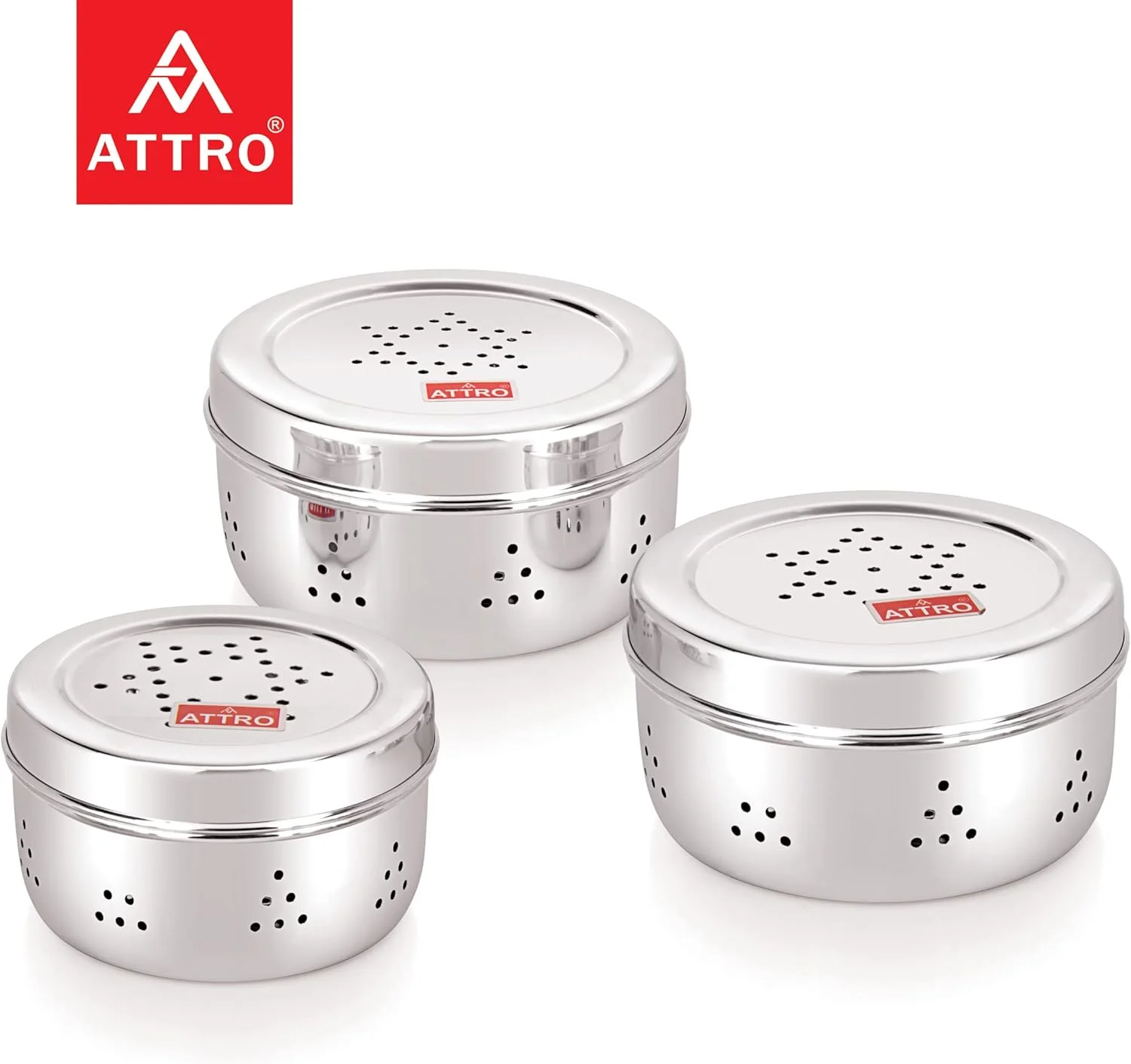 ظروف درب سوراخ دار استیل آترو با تهویه هوا، ظروف نگهداری مواد غذایی، مناسب برای پوری، دانه ها، جوانه ساز، میوه های خشک، شکلات، ست 3 عددی - نقره ای