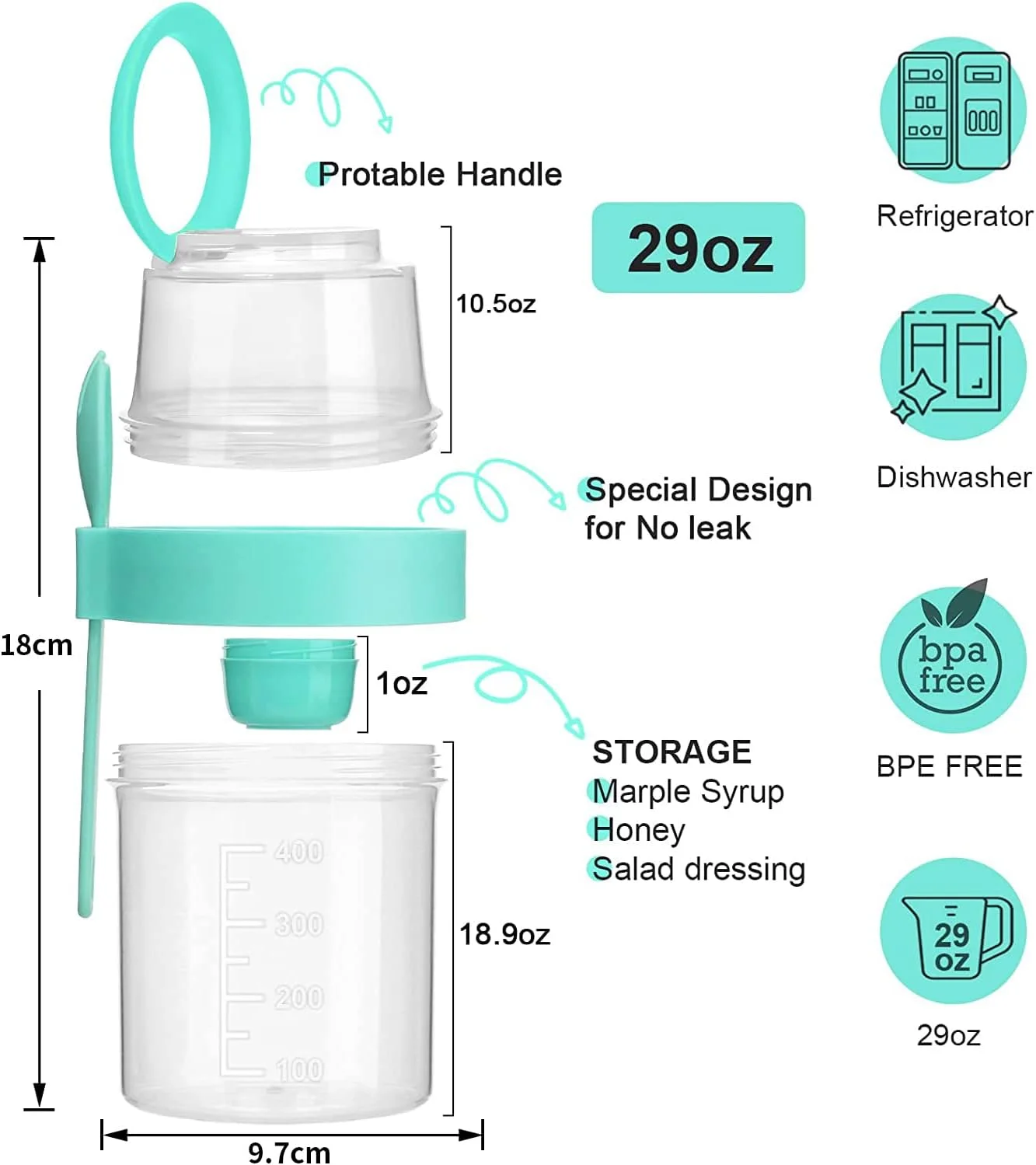 ظرف جو دوسر یک شبه Angju، بسته 2 عددی، 768 میلی لیتر، 2 طبقه با درب و قاشق، ظرف ماست و جو دوسر قابل حمل، شیشه های جو دوسر با درب، فنجان غلات و شیر قابل حمل