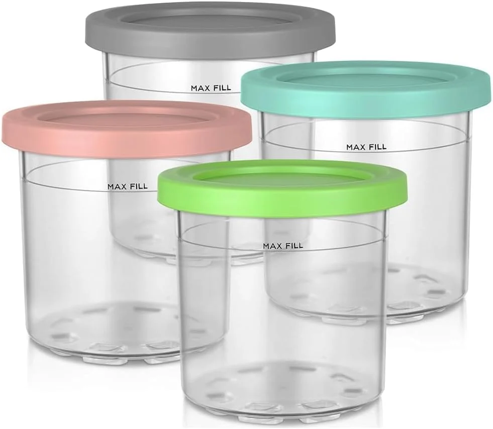 ظروف جایگزین AUMUA برای Ninja CREAMi سری NC300UK NC300 NC301 NC299AMZ، بسته 4 عددی ظروف پینت بستنی ساز با درب های رنگی، فاقد BPA و قابل شستشو در ماشین ظرفشویی (سری اصلی، آبی/صورتی/لیموئی/خاکستری)