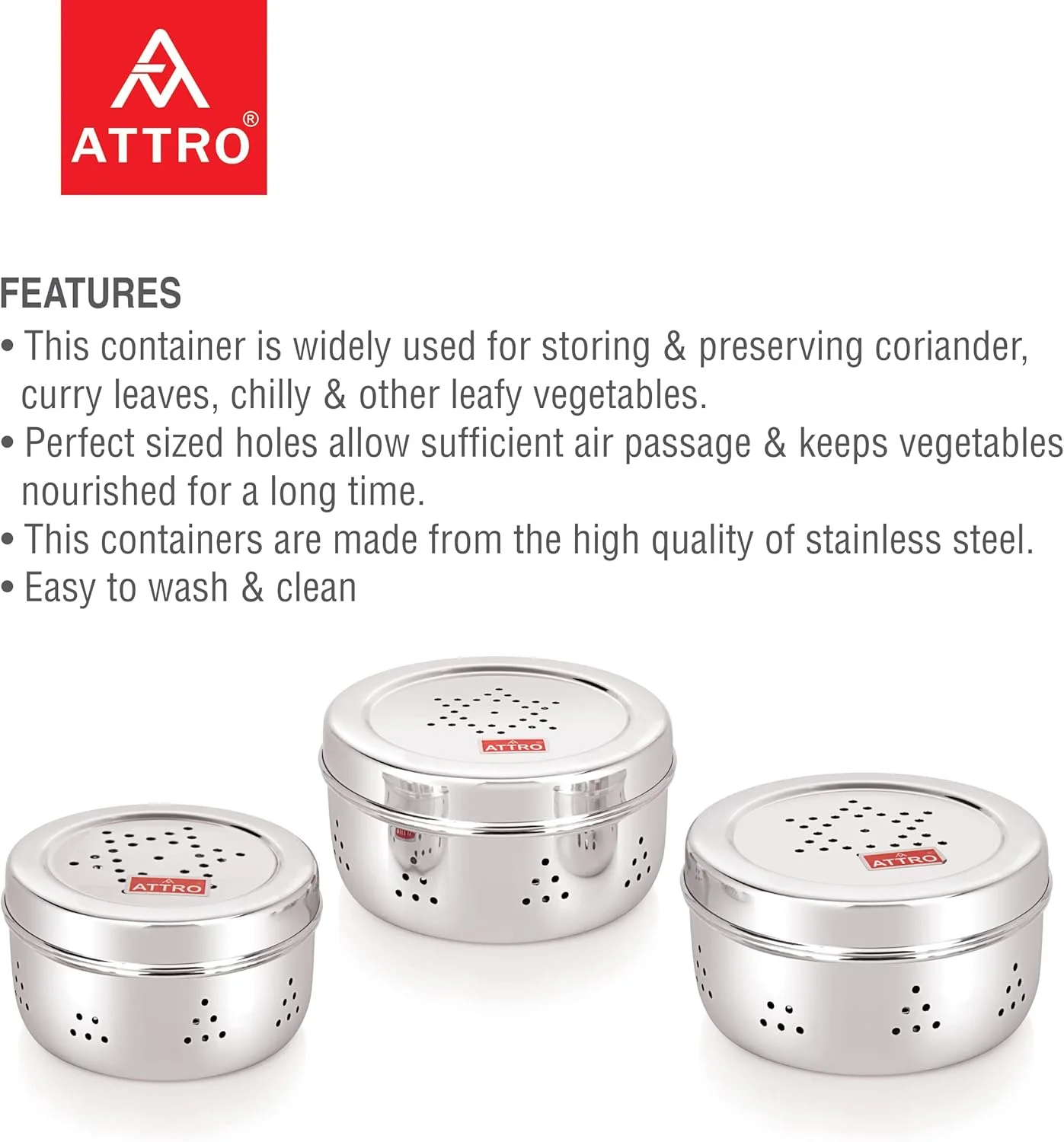 ظروف درب سوراخ دار استیل آترو با تهویه هوا، ظروف نگهداری مواد غذایی، مناسب برای پوری، دانه ها، جوانه ساز، میوه های خشک، شکلات، ست 3 عددی - نقره ای