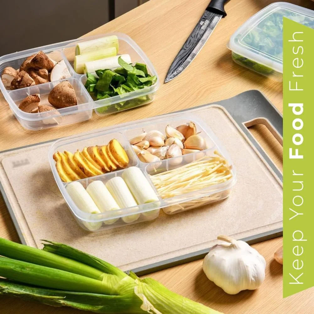 ظروف آماده سازی غذا AMERTEER، بسته 4 عددی، ظروف پلاستیکی 4 قسمتی برای نگهداری غذا، ظروف ناهار قابل استفاده مجدد، سازمان دهنده یخچال برای گوشت، سبزیجات و میوه ها (دما از 4 درجه سانتیگراد تا 121 درجه سانتیگراد)