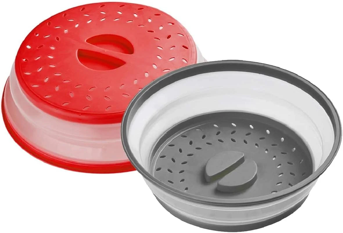 آنبانه [بسته 2 عددی] پوشش ضد پاشش مایکروویو، پوشش تاشو دریچه دار برای مواد غذایی در مایکروویو با دسته آسان گیر، قابل شستشو در ماشین ظرفشویی، سیلیکون و پلاستیک فاقد BPA، گرد 10.5 اینچی