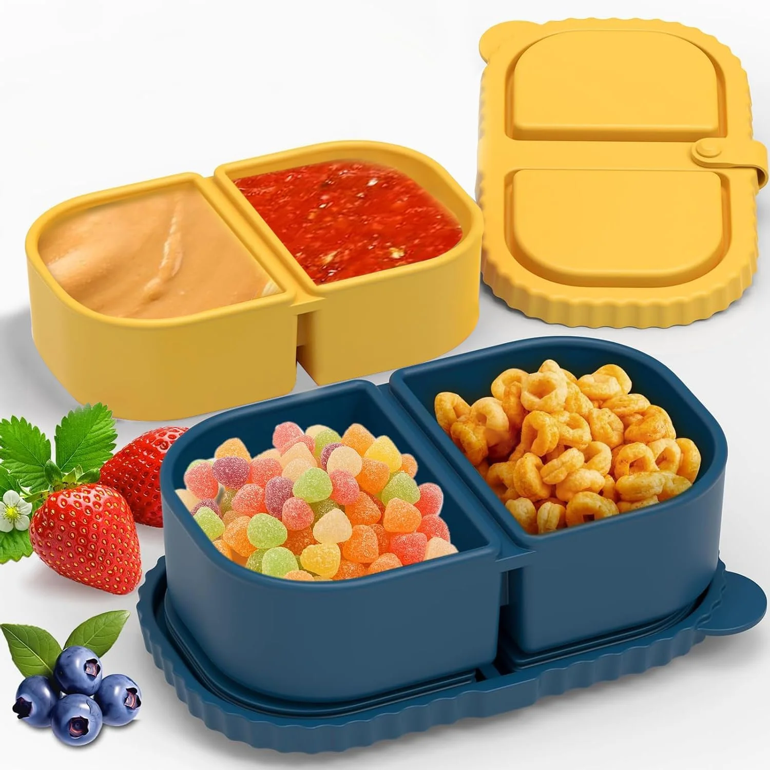 ظروف غذای سیلیکونی BananaHome، دو عددی، 240 میلی‌لیتری، همراه با درب - ظرف نگهداری غذای دو قسمتی قابل حمل و ضد نشت | جعبه بنتو قابل استفاده مجدد برای سس و سالاد/مسافرت/اداره/باشگاه (آبی+زرد)
