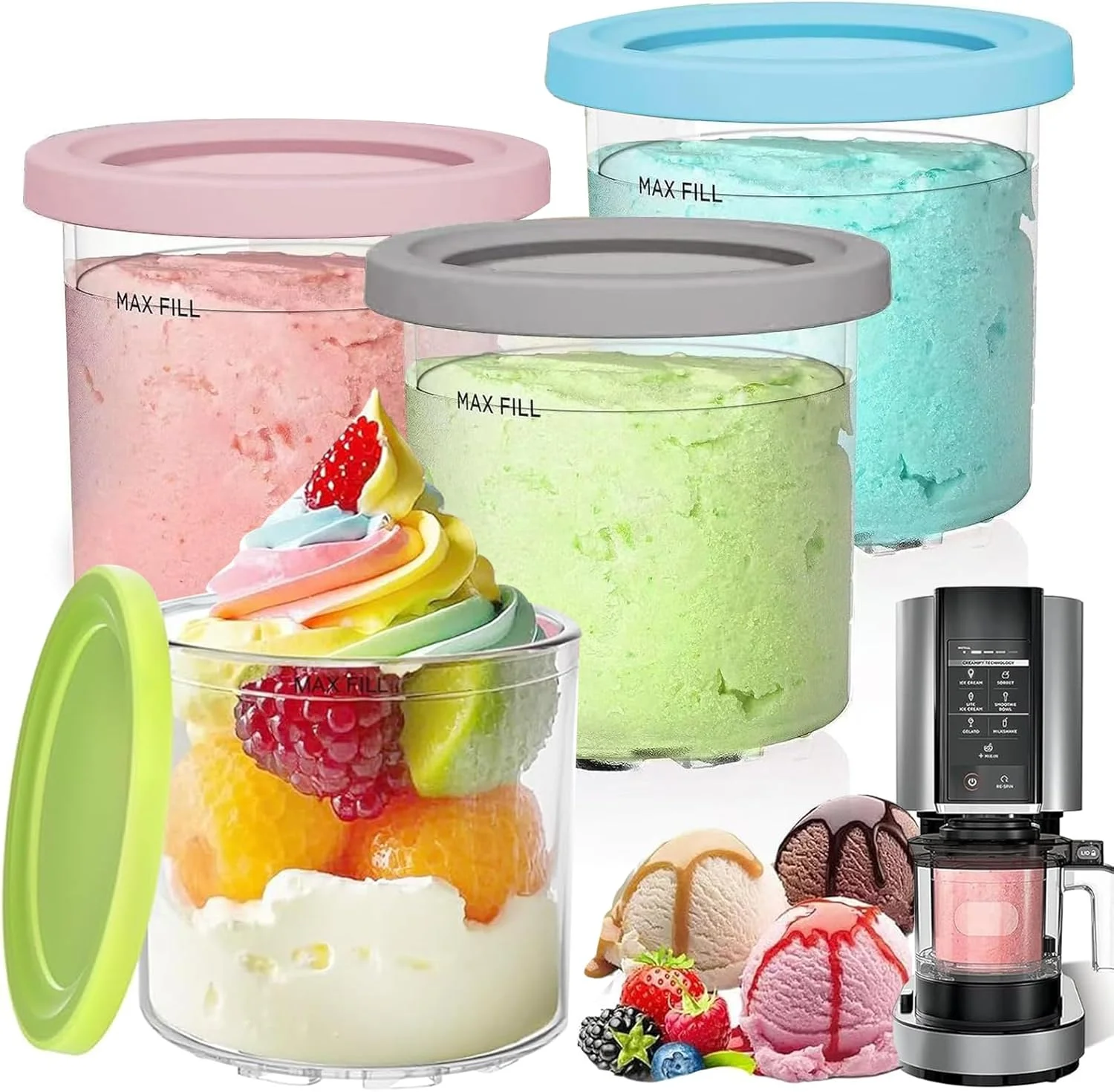 ظروف جایگزین BananaHome بسته 4 عددی برای پیمانه ها و درب های Ninja Creami، مجموعه قوطی، فنجان و شیشه های 473 میلی لیتری سازگار با دستگاه بستنی ساز سری NC299AMZ و NC300s (A، 473 میلی لیتر)