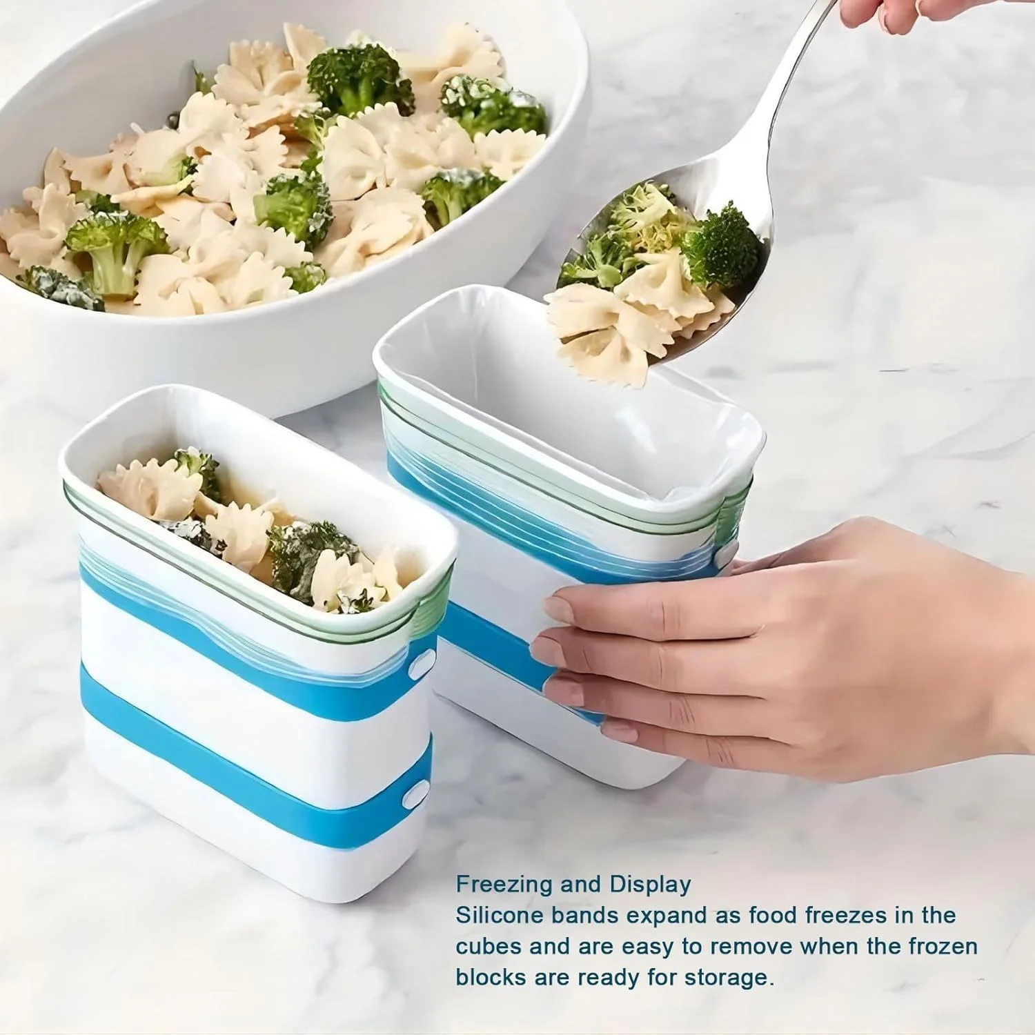 ظرف سیلیکونی فریزری سوپ BIGTHREE، قالب ساز بلوک غذای فریزری FreezeUp، پر کردن آسان، ایستاده به صورت عمودی، کیسه های نگهداری مواد غذایی مکعبی برای سازماندهی کارآمد آشپزخانه مرتب