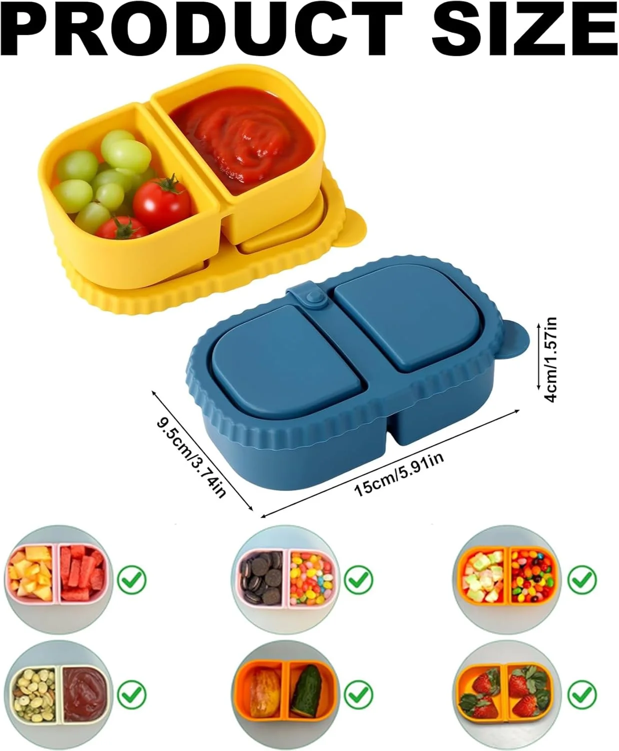ظروف غذای سیلیکونی BananaHome، دو عددی، 240 میلی‌لیتری، همراه با درب - ظرف نگهداری غذای دو قسمتی قابل حمل و ضد نشت | جعبه بنتو قابل استفاده مجدد برای سس و سالاد/مسافرت/اداره/باشگاه (آبی+زرد)