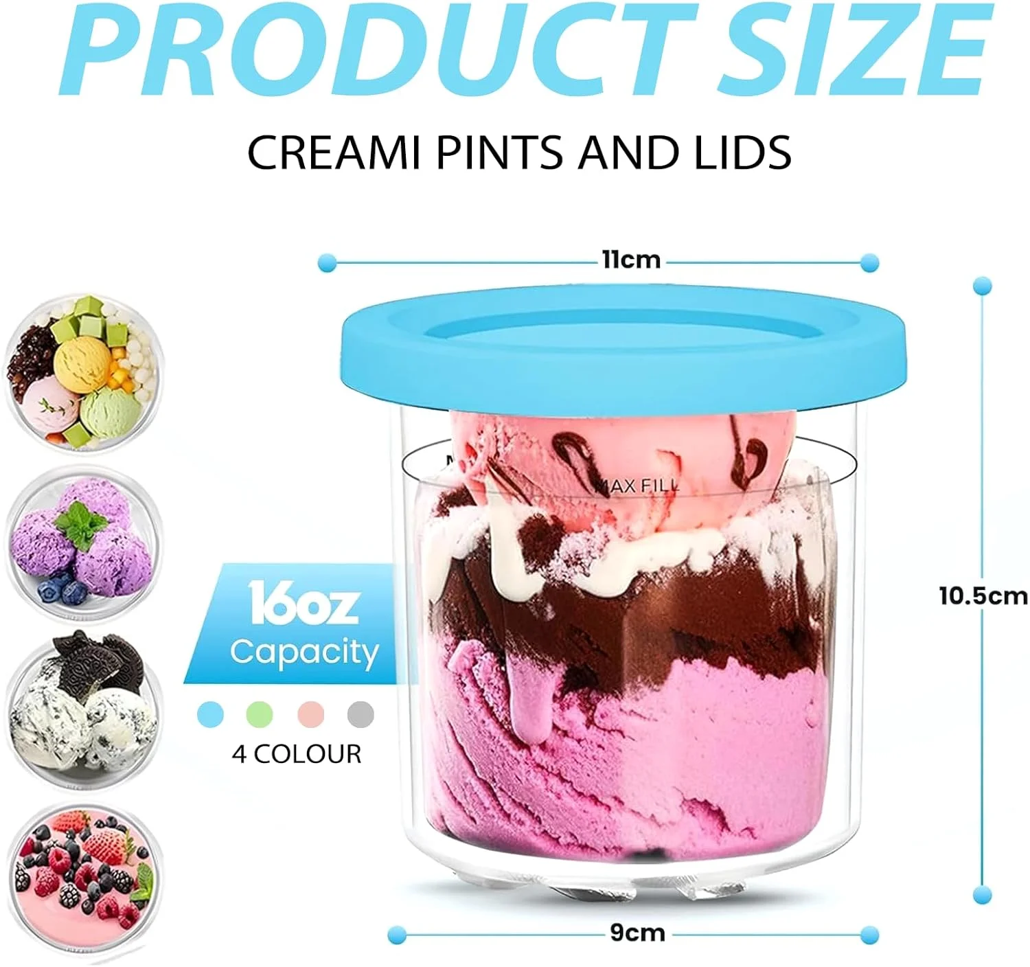 ظروف جایگزین BananaHome بسته 4 عددی برای پیمانه ها و درب های Ninja Creami، مجموعه قوطی، فنجان و شیشه های 473 میلی لیتری سازگار با دستگاه بستنی ساز سری NC299AMZ و NC300s (A، 473 میلی لیتر)