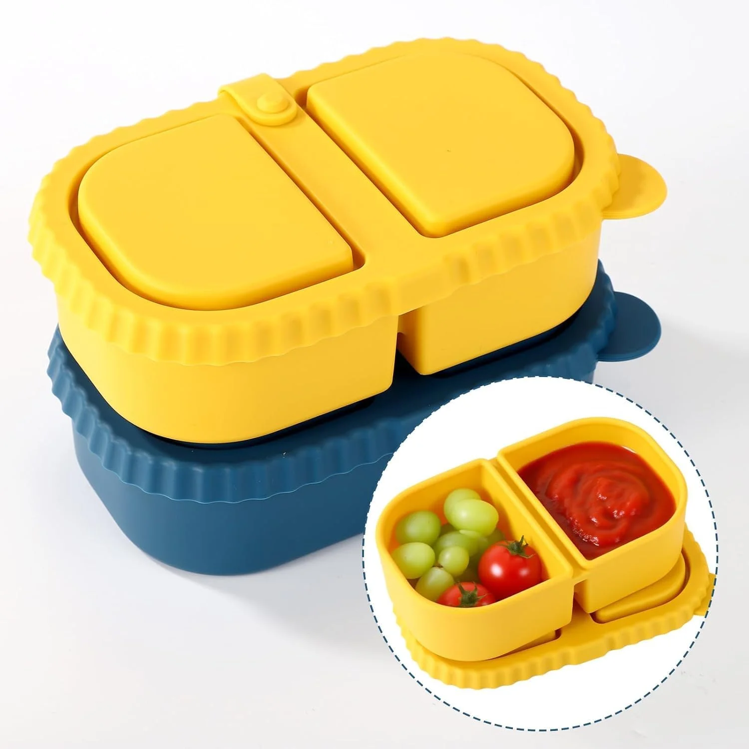 ظروف غذای سیلیکونی BananaHome، دو عددی، 240 میلی‌لیتری، همراه با درب - ظرف نگهداری غذای دو قسمتی قابل حمل و ضد نشت | جعبه بنتو قابل استفاده مجدد برای سس و سالاد/مسافرت/اداره/باشگاه (آبی+زرد)