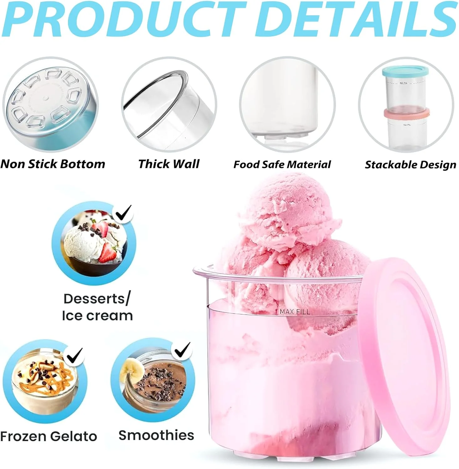 ظروف جایگزین BananaHome بسته 4 عددی برای پیمانه ها و درب های Ninja Creami، مجموعه قوطی، فنجان و شیشه های 473 میلی لیتری سازگار با دستگاه بستنی ساز سری NC299AMZ و NC300s (A، 473 میلی لیتر)