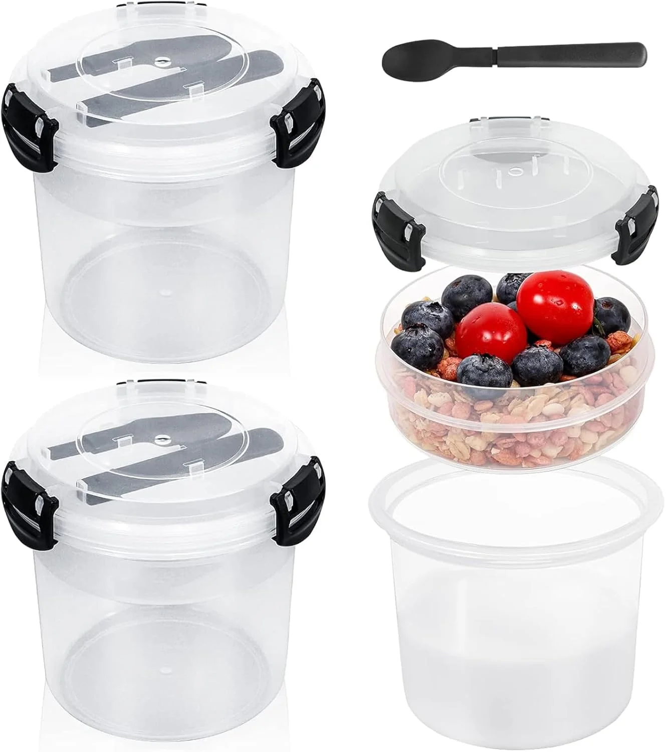ظرف جو دوسر، 2 عدد ظرف جو دوسر شبانه با درب، فنجان ماست پارفه قابل استفاده مجدد، با درب و قاشق، فنجان صبحانه غلات ضد نشت برای بیرون بردن، فنجان دسر پلاستیکی شفاف با ظرفیت بزرگ