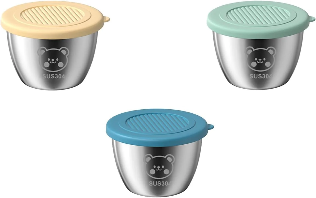 ظرف سس سالاد درب دار، مناسب جعبه بنتو، ظرف چاشنی استیل ضد زنگ کوچک با درب، برای سس، پیک نیک و مسافرت (50 میلی لیتر)، بسته 3 عددی