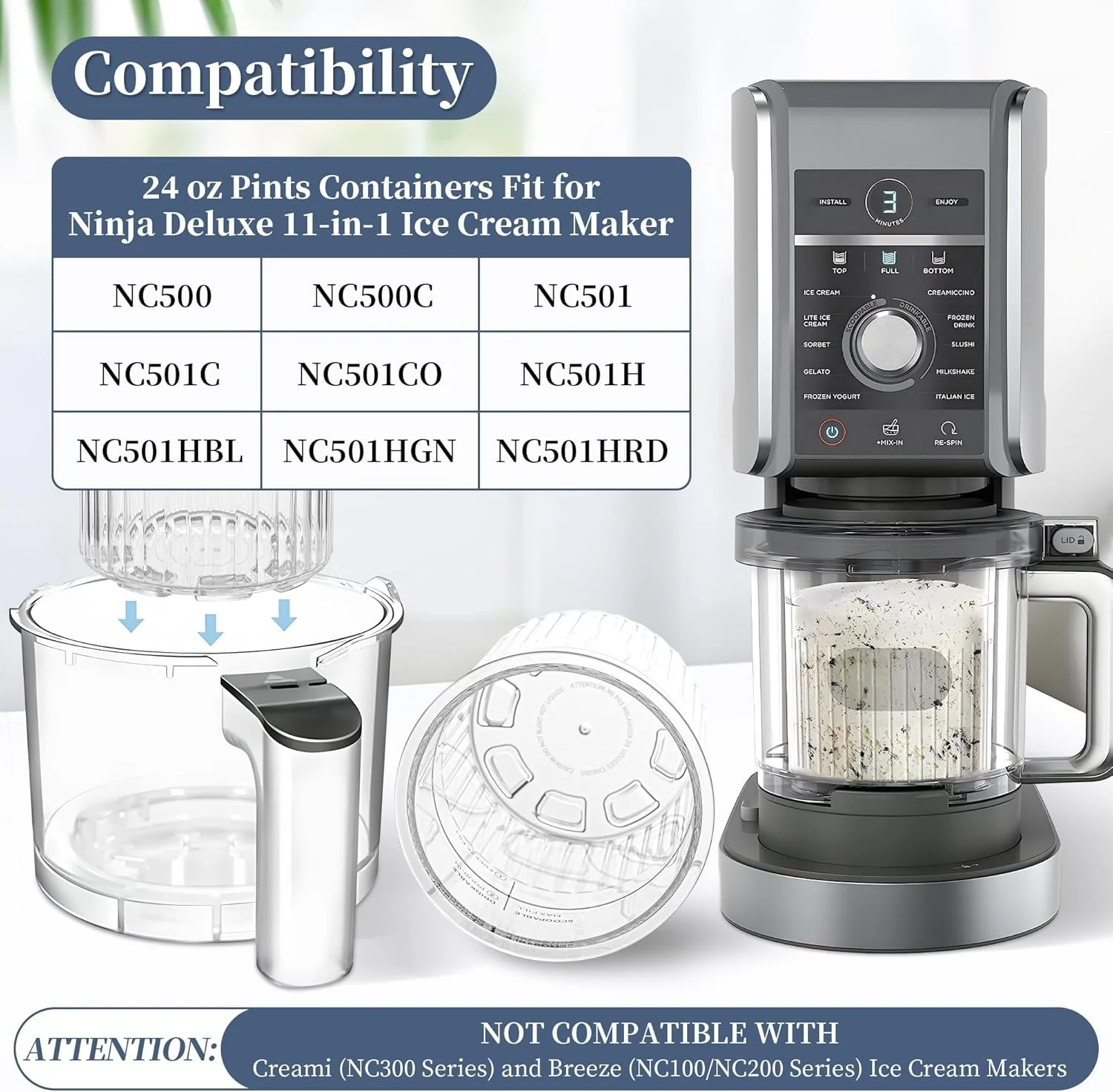 سازگار با ظروف پینت Ninja Creami Deluxe، مناسب برای CN501CO NC501 NC500 11-in-1 24oz XL دستگاه های بستنی ساز Creami Deluxe - بسته 4 عددی کاسه و فنجان Creami آشپزخانه - قابل شستشو در ماشین ظرفشویی - فاقد BPA