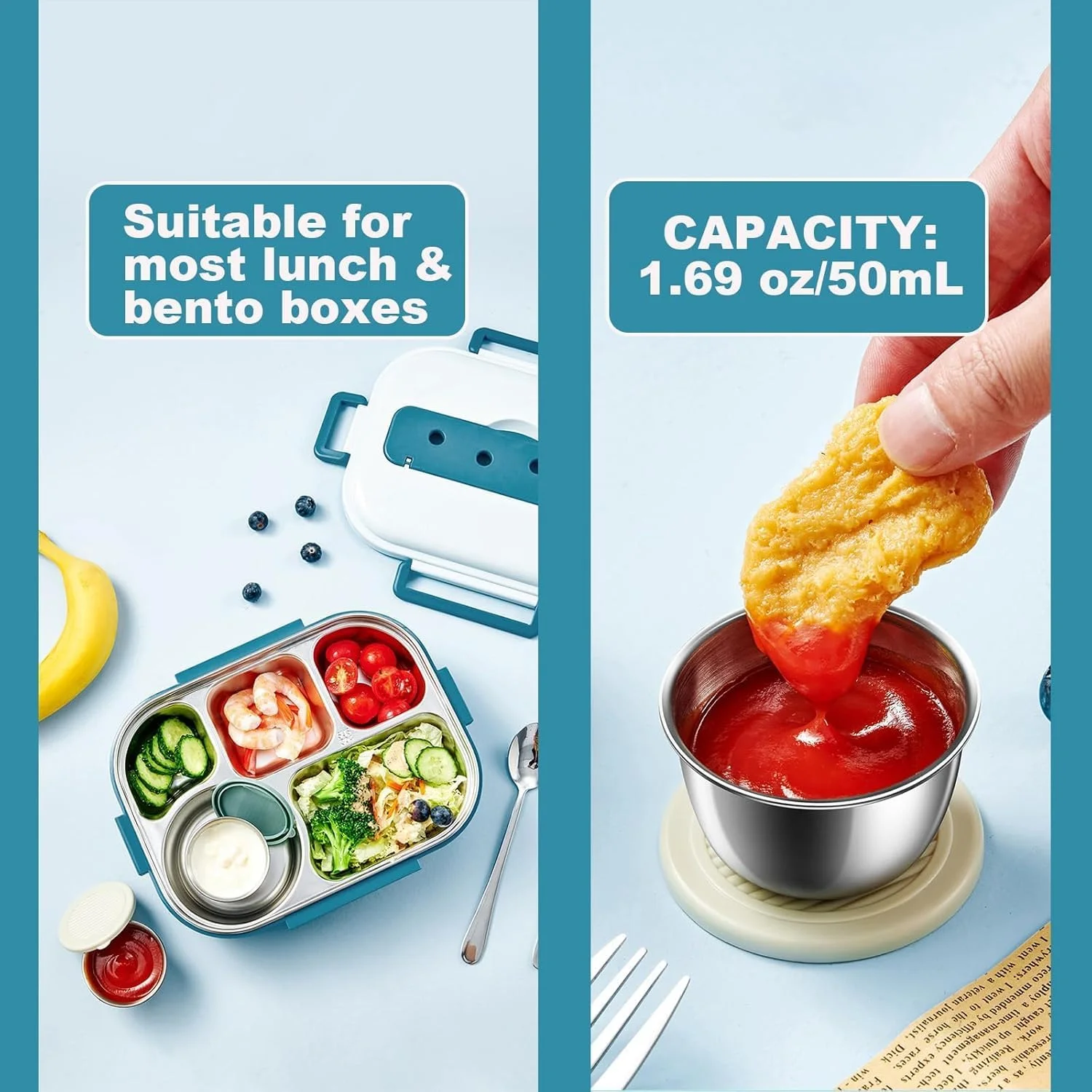 ظرف سس سالاد درب دار، مناسب جعبه بنتو، ظرف چاشنی استیل ضد زنگ کوچک با درب، برای سس، پیک نیک و مسافرت (50 میلی لیتر)، بسته 3 عددی