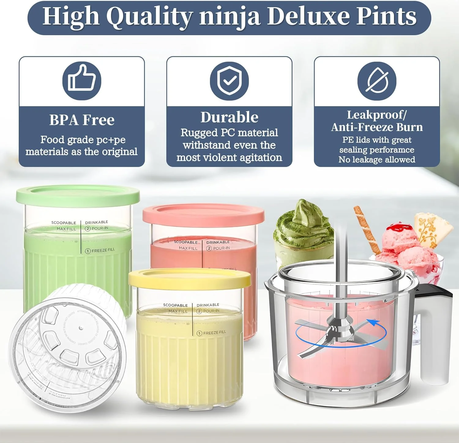 سازگار با ظروف پینت Ninja Creami Deluxe، مناسب برای CN501CO NC501 NC500 11-in-1 24oz XL دستگاه های بستنی ساز Creami Deluxe - بسته 4 عددی کاسه و فنجان Creami آشپزخانه - قابل شستشو در ماشین ظرفشویی - فاقد BPA