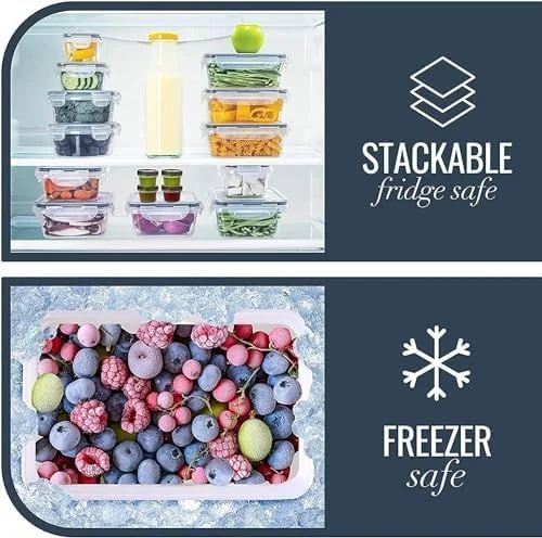 ست ظروف نگهداری غذا 12 پارچه MahMir® با درب های قفل دار، ظروف پلاستیکی قابل استفاده مجدد، جعبه های سازمان دهنده آشپزخانه قابل انباشت، فاقد BPA و قابل استفاده در مایکروویو، فریزر و ماشین ظرفشویی (ست 12 پارچه)