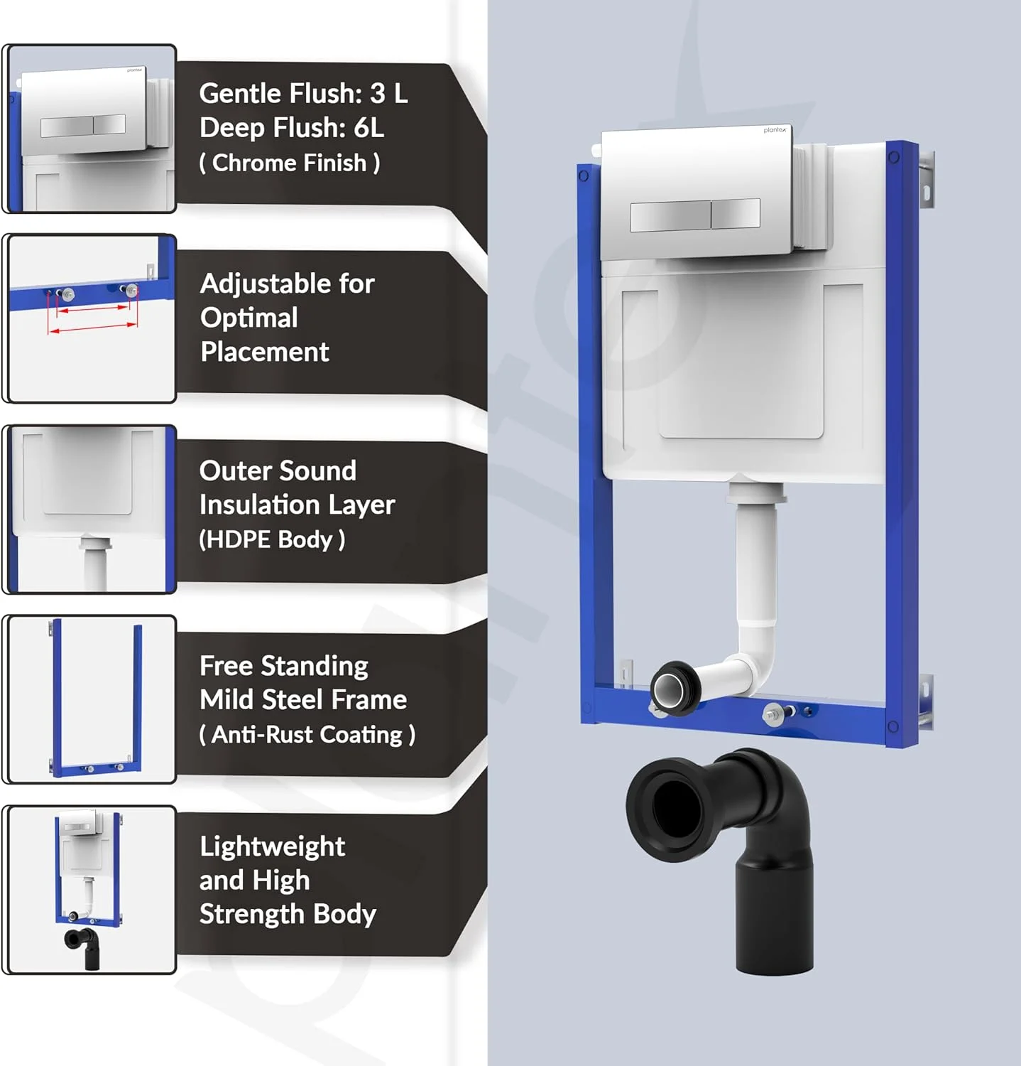 فلاش تانک توکار Plantex برای توالت/سیفون تخلیه با ظرفیت آب 8 لیتری با نیم فریم/مخزن باریک و شیک با صفحه فلاش/سیفون توکار (بسته 1 عددی)