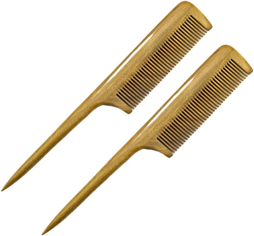 او او پی پی 2 عدد شانه دم موشی چوبی ضد الکتریسیته ساکن، شانه چوب صندل سبز، شانه دندانه ریز با دسته نازک و بلند، شانه چوبی باز کننده گره مو برای زنان