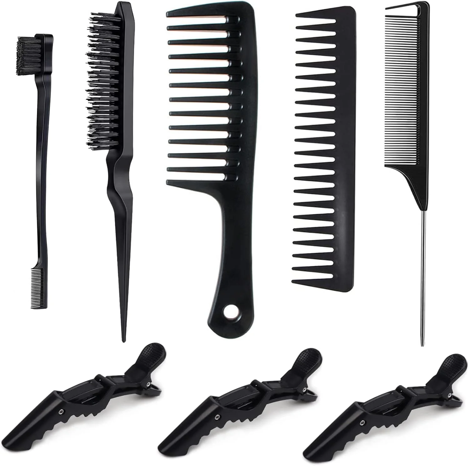 مجموعه برس مو ONVIPSTOO شامل برس لبه مو، برس پوش دهنده، شانه دندانه پهن، شانه دم موشی و گیره مو برای زنان، کودکان و نوزادان دختر، مناسب برای صاف کردن، شانه زدن و حالت دادن به مو (مشکی سایز کوچک)