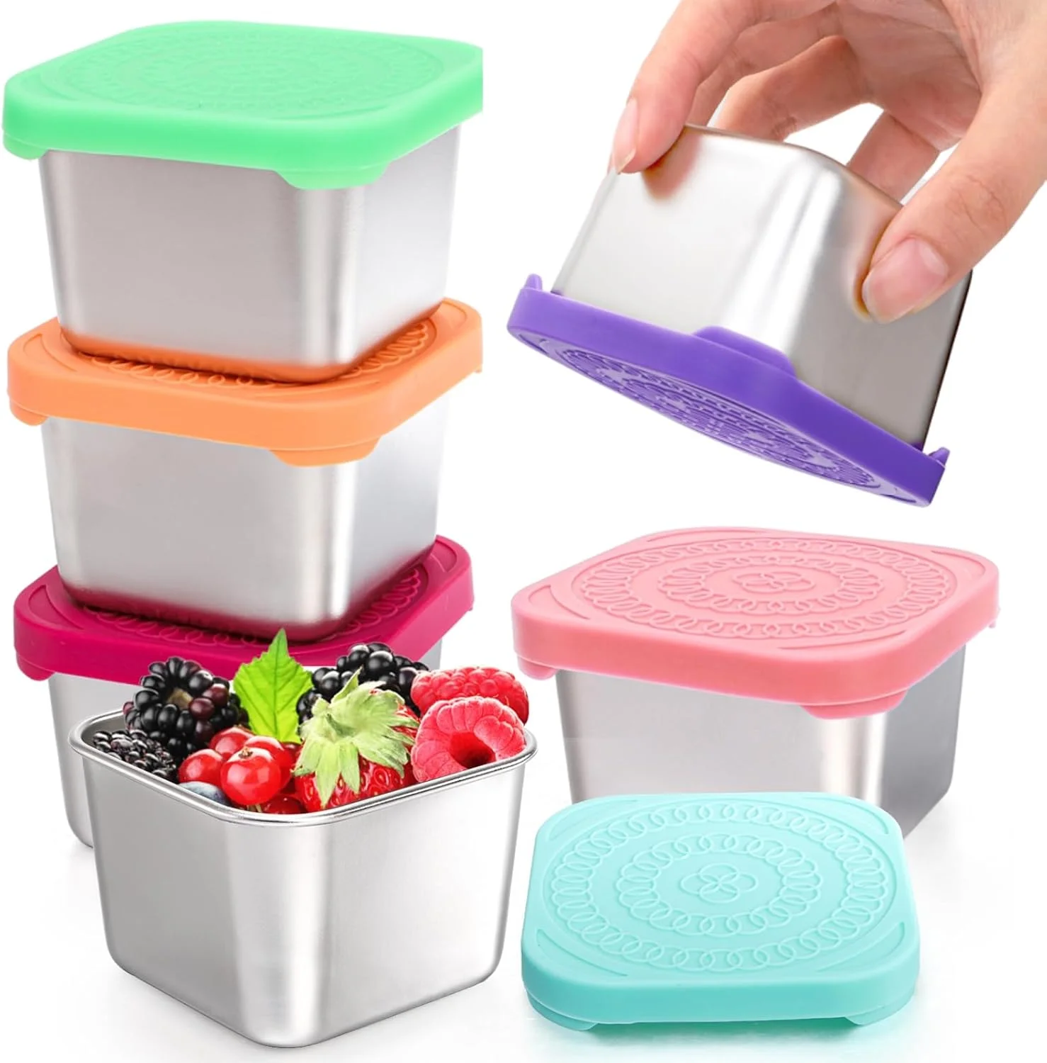 ظروف غذای استیل Eorbow، بسته 6 عددی، مناسب کودکان، ظرف غذای فلزی 170 گرمی ضد نشت با درب سیلیکونی، ظرف کوچک سس سالاد برای بیرون بر، مناسب مهدکودک، مدرسه، مسافرت و پیک نیک