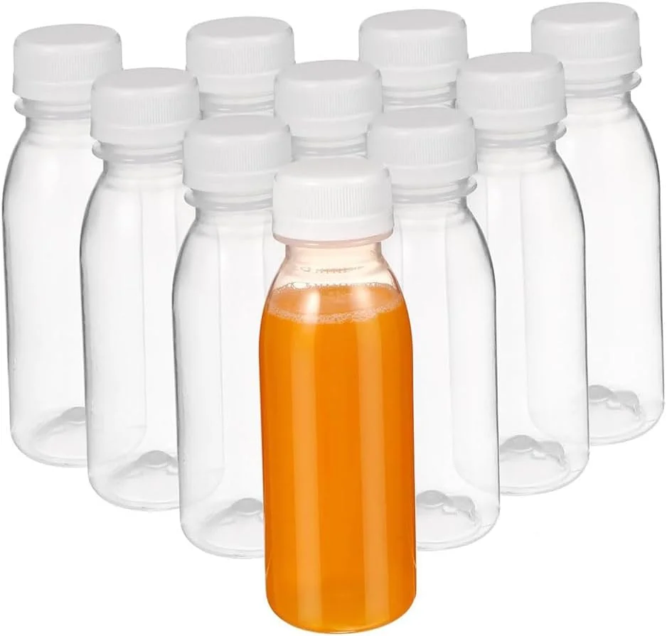 EOMECUIGAO بسته 10 عددی بطری آبمیوه پلاستیکی 100 میلی لیتری با درب، قابل استفاده مجدد، ضد نشت، ایده آل برای نوشیدنی، آبمیوه، شیر، ماست، زیبایی، مصارف خانگی، آشپزخانه، نگهداری در آزمایشگاه علمی