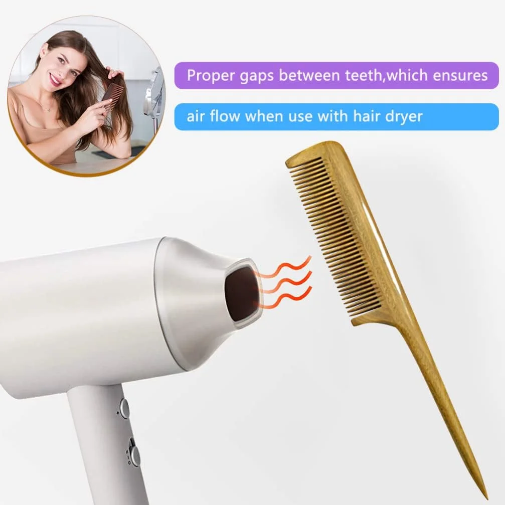 او او پی پی 2 عدد شانه دم موشی چوبی ضد الکتریسیته ساکن، شانه چوب صندل سبز، شانه دندانه ریز با دسته نازک و بلند، شانه چوبی باز کننده گره مو برای زنان