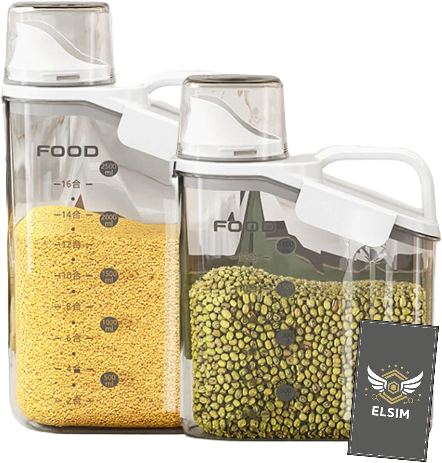 ست ظروف نگهداری غلات پلاستیکی درب دار ELSIM شامل دو عدد - 2800 میلی لیتر + 2000 میلی لیتر، ظروف نگهداری مواد غذایی بدون BPA با درب - ظروف برنج ضد رطوبت برای نگهداری در آشپزخانه، انبار و سازماندهی