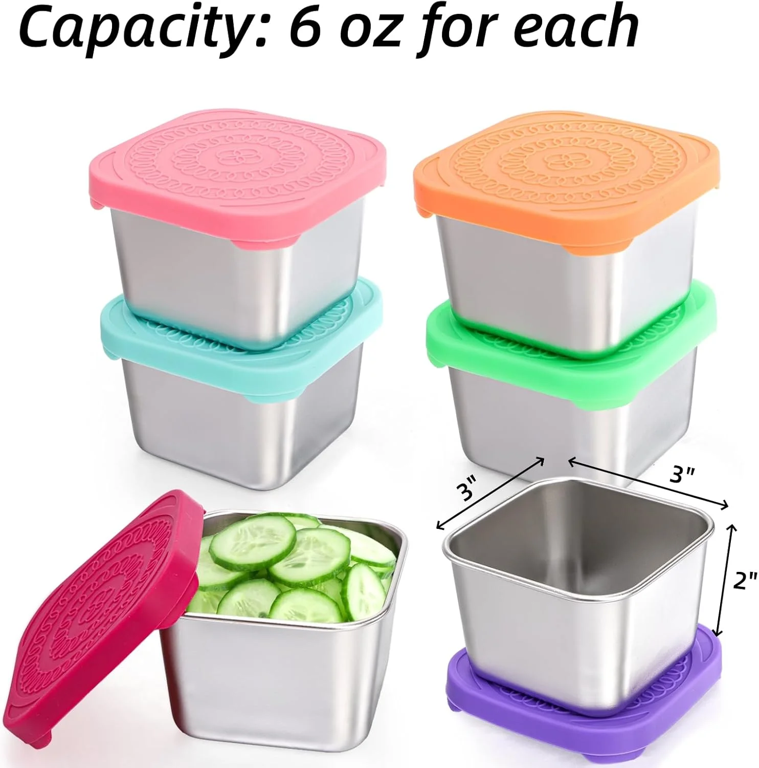 ظروف غذای استیل Eorbow، بسته 6 عددی، مناسب کودکان، ظرف غذای فلزی 170 گرمی ضد نشت با درب سیلیکونی، ظرف کوچک سس سالاد برای بیرون بر، مناسب مهدکودک، مدرسه، مسافرت و پیک نیک