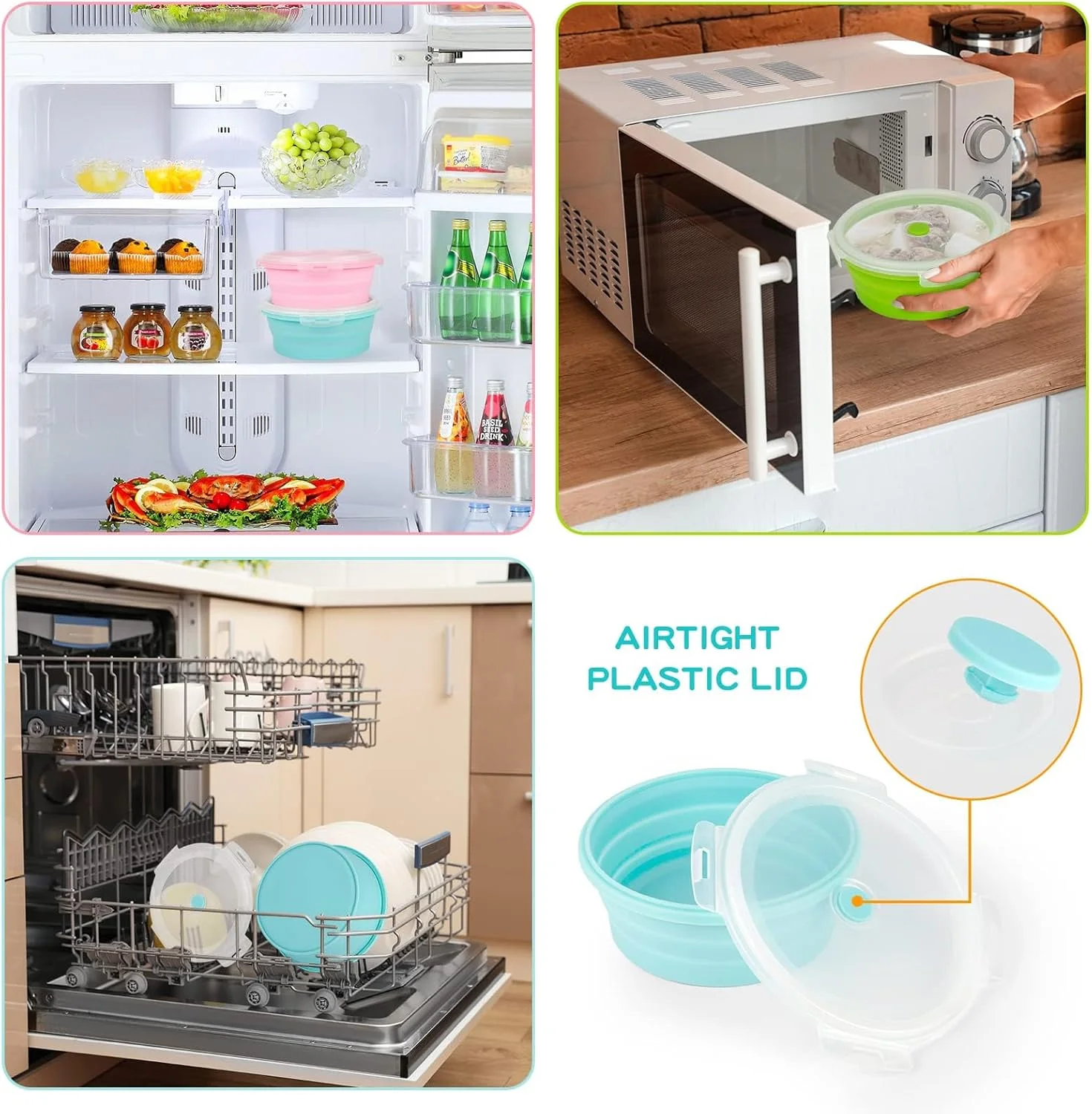 ظروف نگهداری غذای سیلیکونی تاشو ELECDON، بسته 3 عددی، با درب، 1200 میلی لیتر، کاسه ناهار تاشو مناسب مایکروویو، فریزر و ماشین ظرفشویی