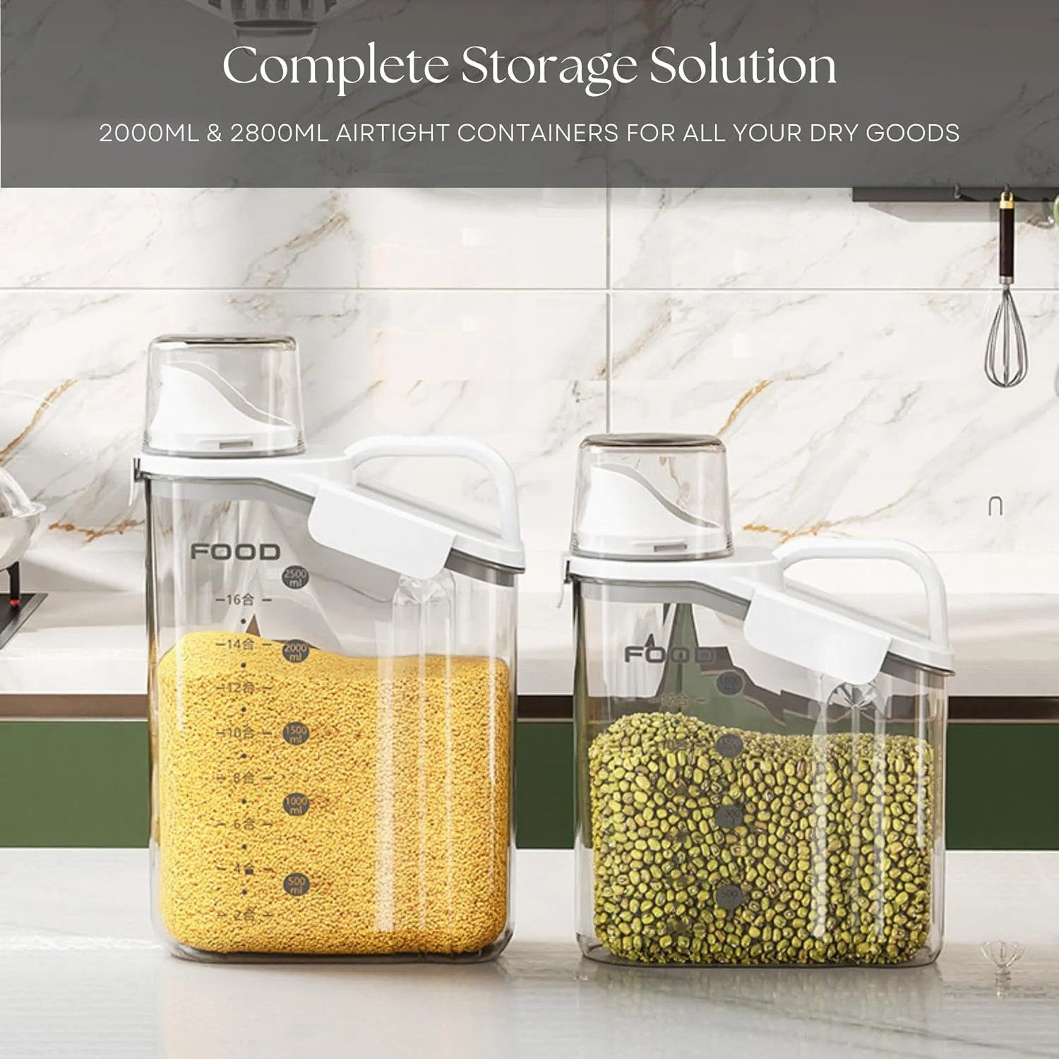 ست ظروف نگهداری غلات پلاستیکی درب دار ELSIM شامل دو عدد - 2800 میلی لیتر + 2000 میلی لیتر، ظروف نگهداری مواد غذایی بدون BPA با درب - ظروف برنج ضد رطوبت برای نگهداری در آشپزخانه، انبار و سازماندهی