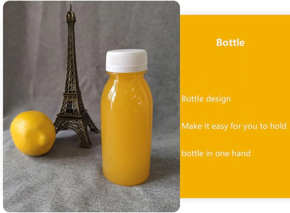 EOMECUIGAO بسته 10 عددی بطری آبمیوه پلاستیکی 100 میلی لیتری با درب، قابل استفاده مجدد، ضد نشت، ایده آل برای نوشیدنی، آبمیوه، شیر، ماست، زیبایی، مصارف خانگی، آشپزخانه، نگهداری در آزمایشگاه علمی