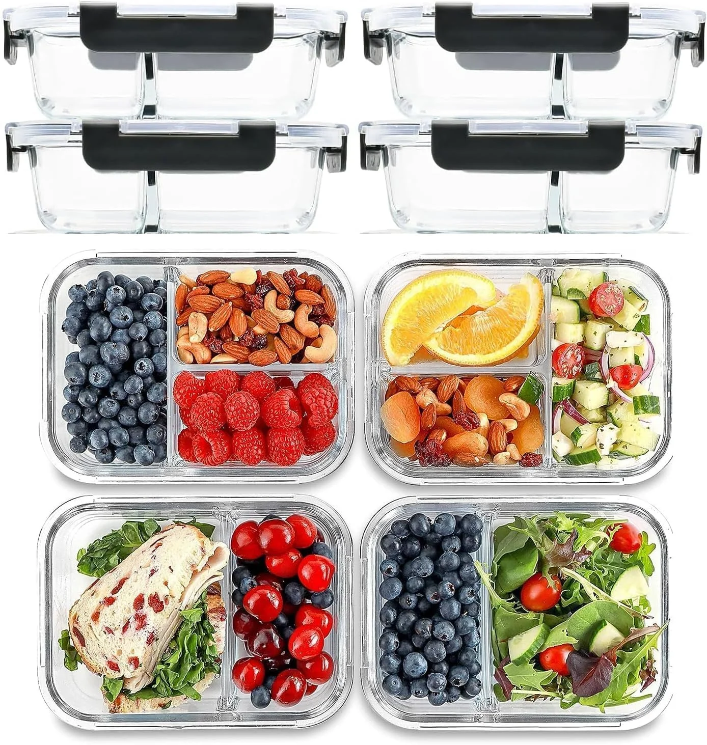 ظروف شیشه ای آماده سازی غذا HOOJO® – بسته 4 عددی (946 میلی لیتر) – جعبه بنتو 2 و 3 محفظه ای با درب | ضد هوا، ضد نشت، قابل استفاده در فر و مایکروویو | ظروف نگهداری مواد غذایی برای ناهار و آماده سازی غذا