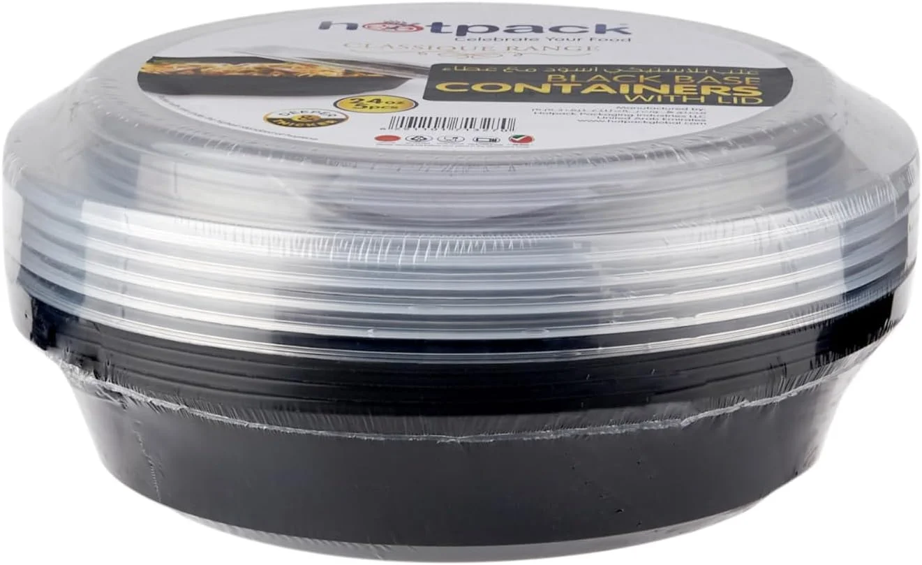 ظرف یکبار مصرف گرد مشکی هات پک با قابلیت استفاده در مایکروویو، ظرف آماده سازی غذا با درب شفاف. (5 عدد، مشکی، 473 میلی لیتر)