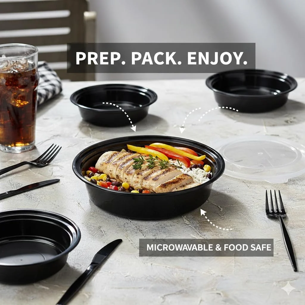 ظرف یکبار مصرف گرد مشکی هات پک با قابلیت استفاده در مایکروویو، ظرف آماده سازی غذا با درب شفاف. (5 عدد، مشکی، 473 میلی لیتر)