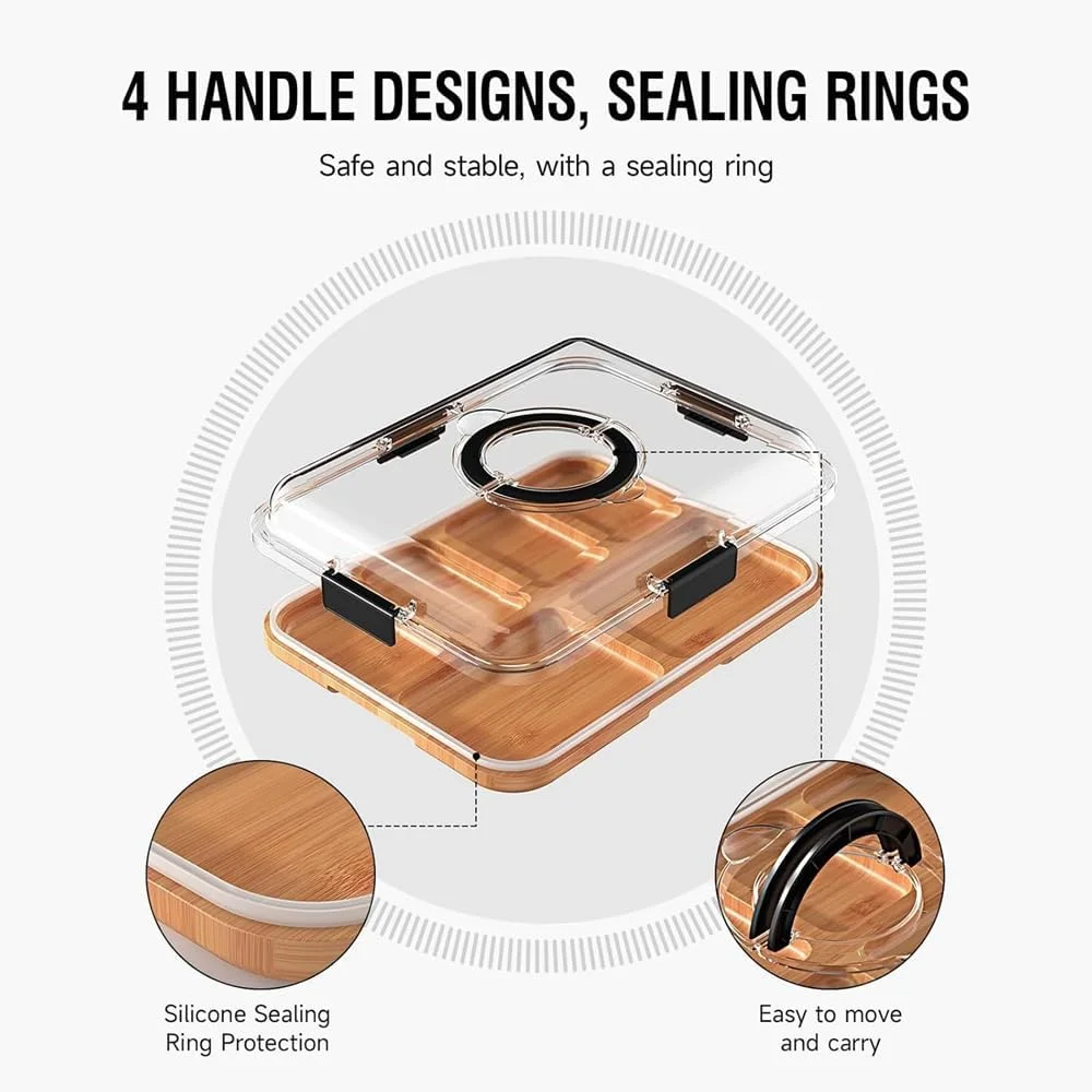 سینی سرو بامبو هوپزوزا با 6 قسمت مجزا، درب و دسته، قابل چیدن، مناسب برای سازماندهی میوه، سبزیجات، تنقلات، جعبه اسنک، ظرف شارکوتری، سازمان دهنده پلاستیکی نگهداری مواد غذایی