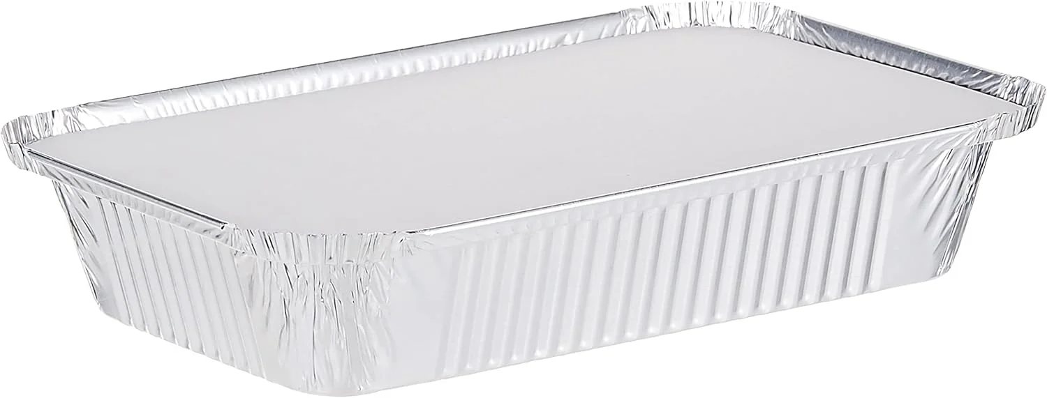 ظروف یکبار مصرف Hotpack برای نگهداری غذا، ظرف آلومینیومی مستطیلی نقره ای 890 میلی لیتری به همراه درب، 50 عدد