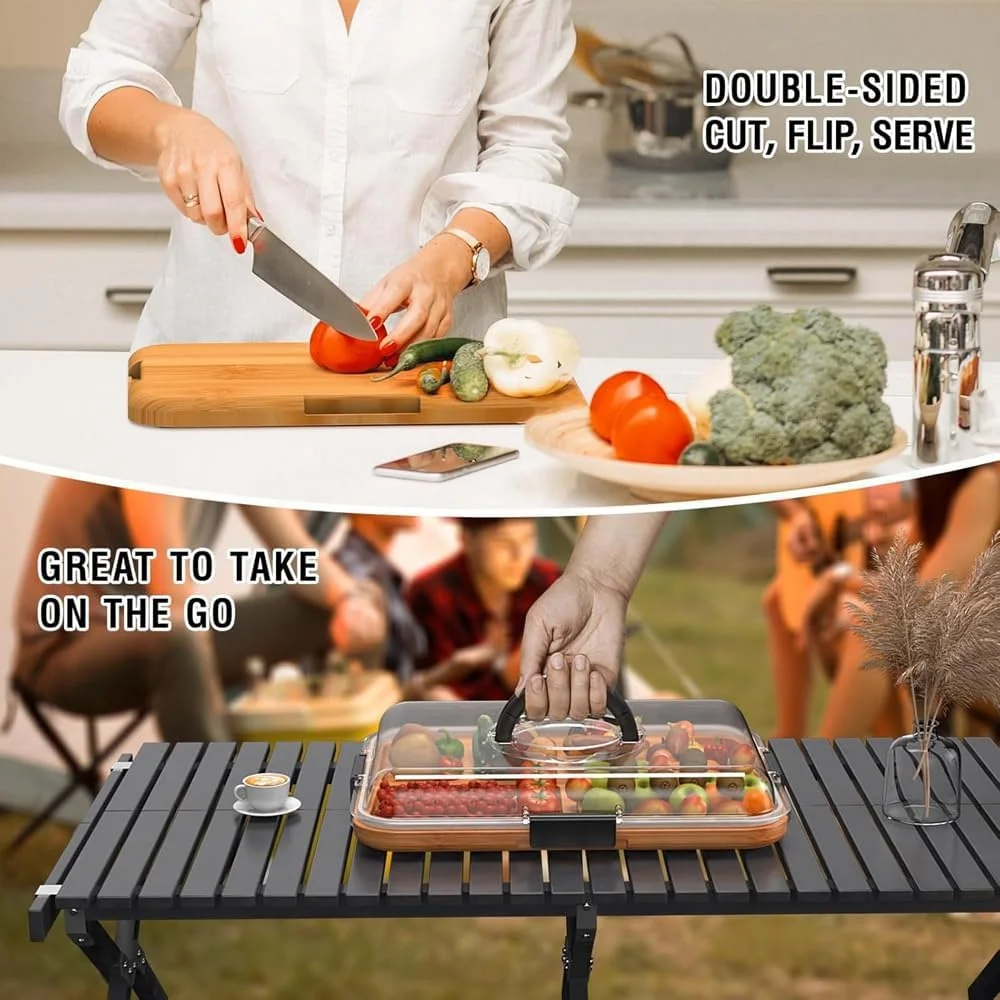 سینی سرو بامبو هوپزوزا با 6 قسمت مجزا، درب و دسته، قابل چیدن، مناسب برای سازماندهی میوه، سبزیجات، تنقلات، جعبه اسنک، ظرف شارکوتری، سازمان دهنده پلاستیکی نگهداری مواد غذایی